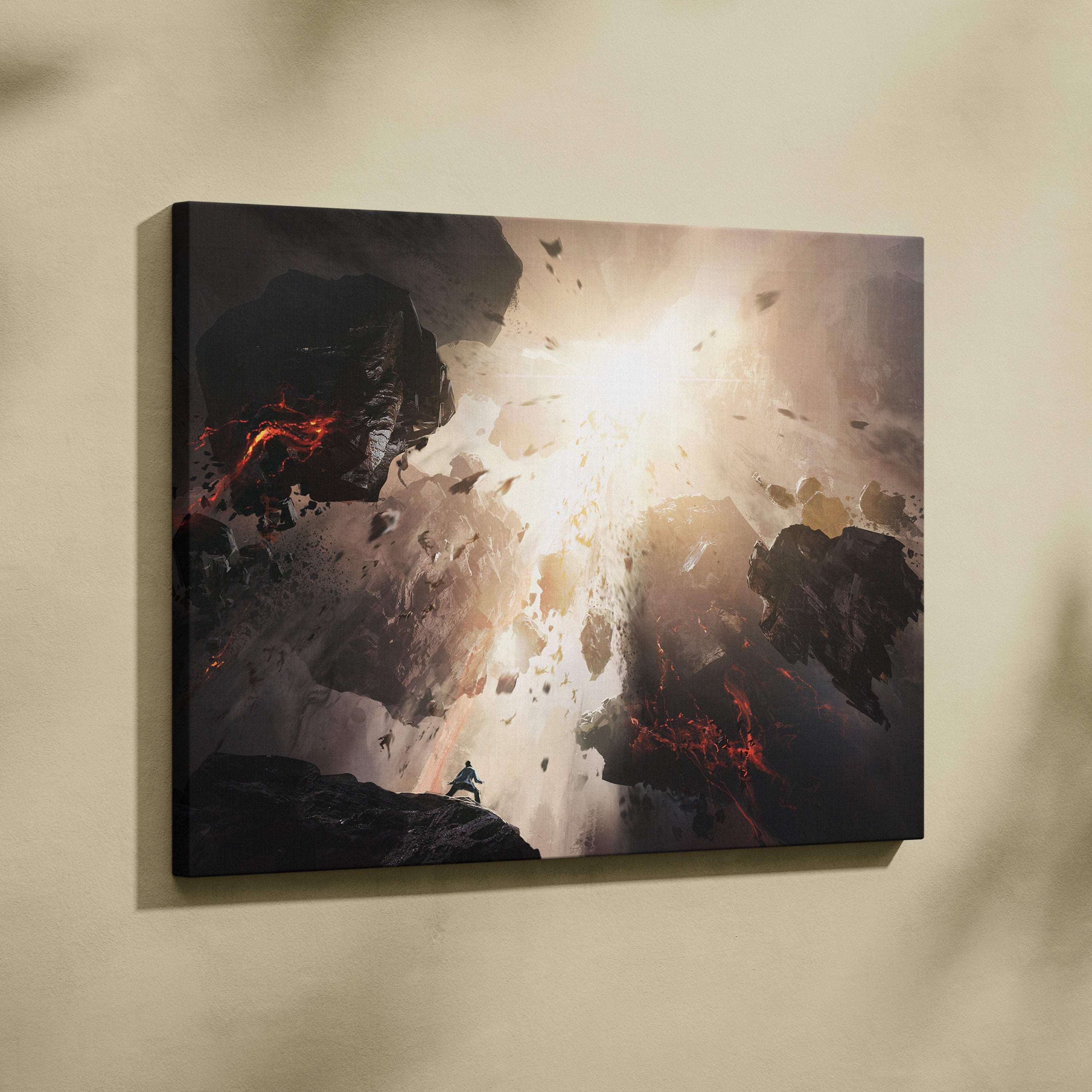 Epic cosmic explosion canvas wall art featuring a lone figure on rocky terrain with fiery lava and light rays