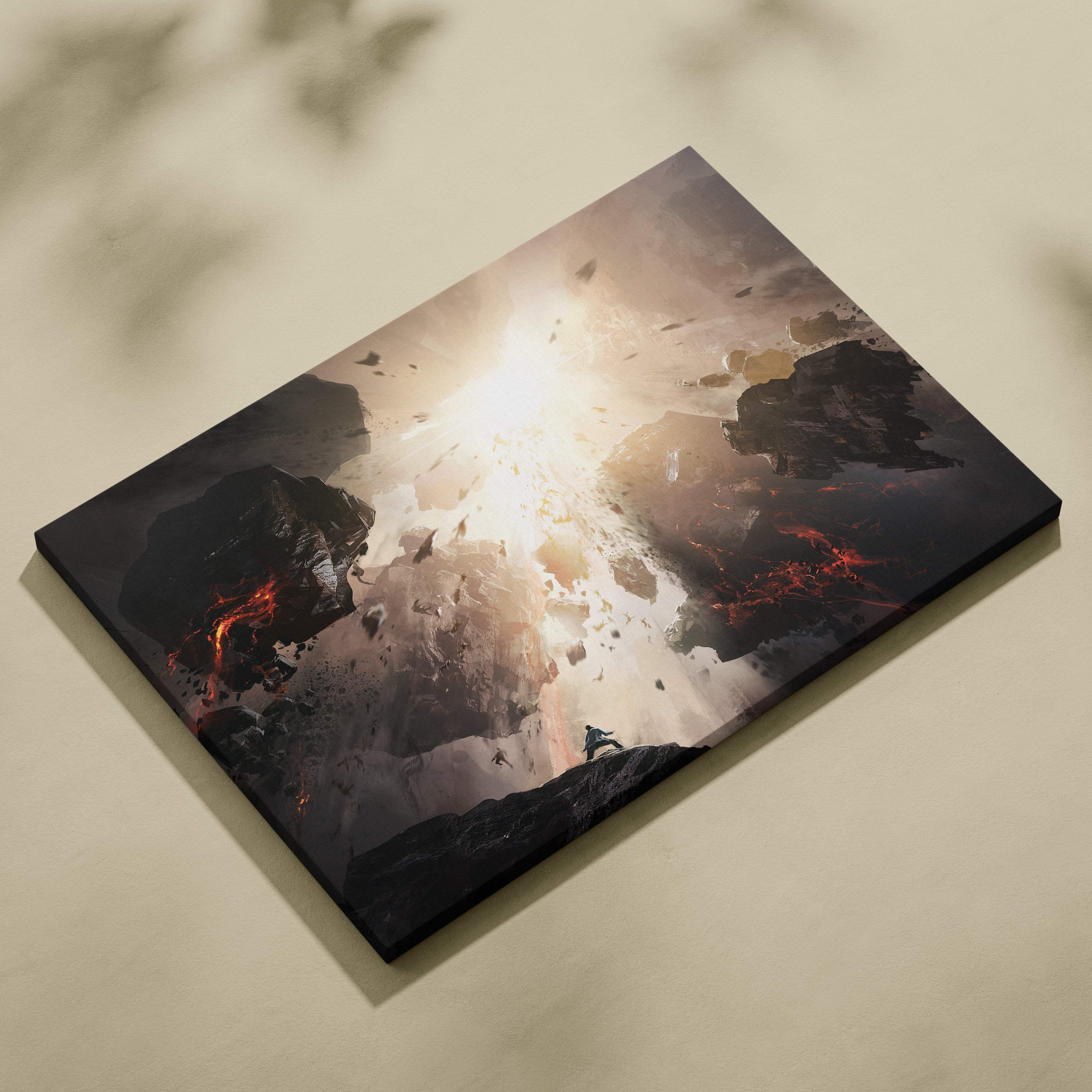 Black-framed canvas print of dramatic volcanic eruption with fiery lava and ash on dark rugged terrain for wall art