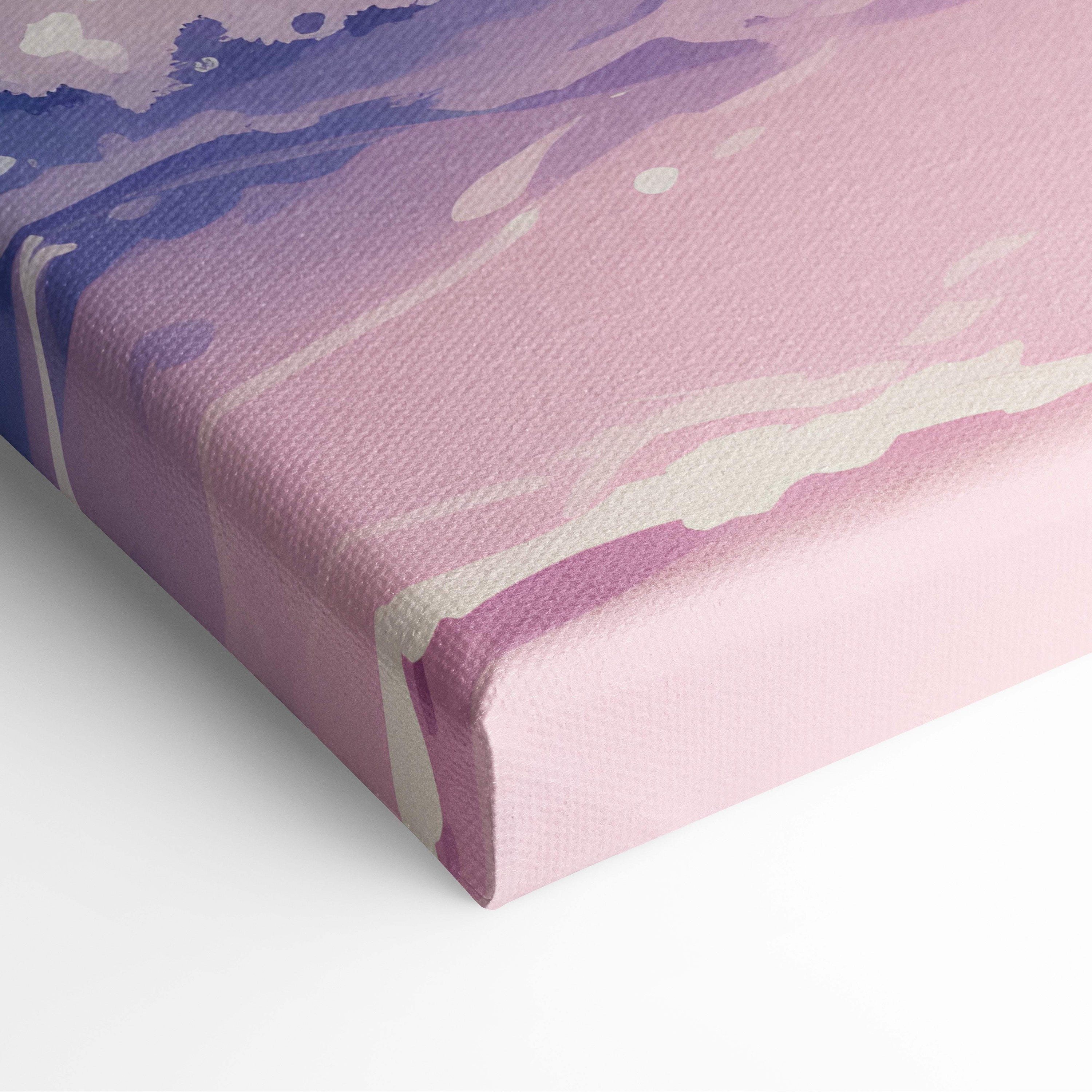 A soft pink and purple watercolor pastel anime beach canvas wall art print with visible brushstrokes for coastal decor