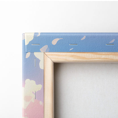 Pastel anime beach canvas wall art print with blue and pink cloud pattern and natural wood border for coastal bedroom decor