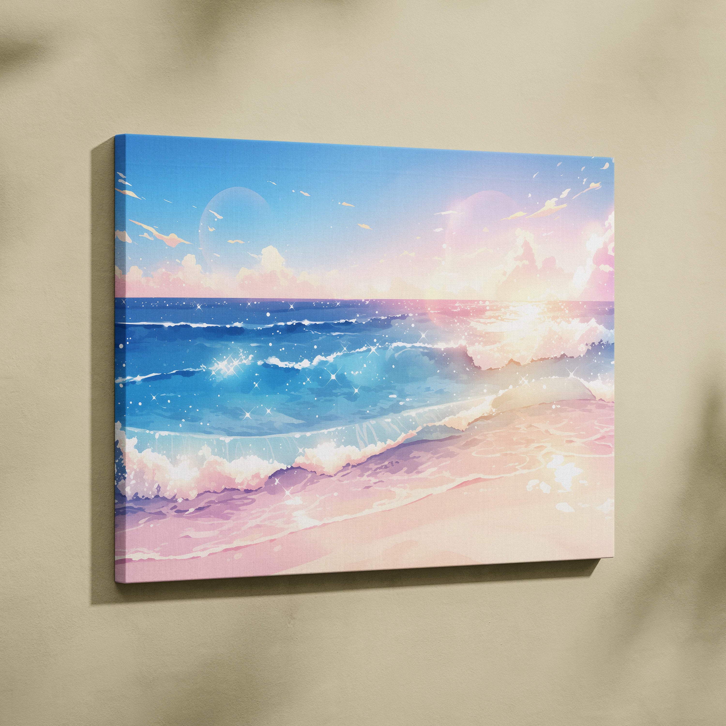 A vibrant pastel anime beach canvas print featuring a serene sunset with blue pink and purple waves for coastal decor