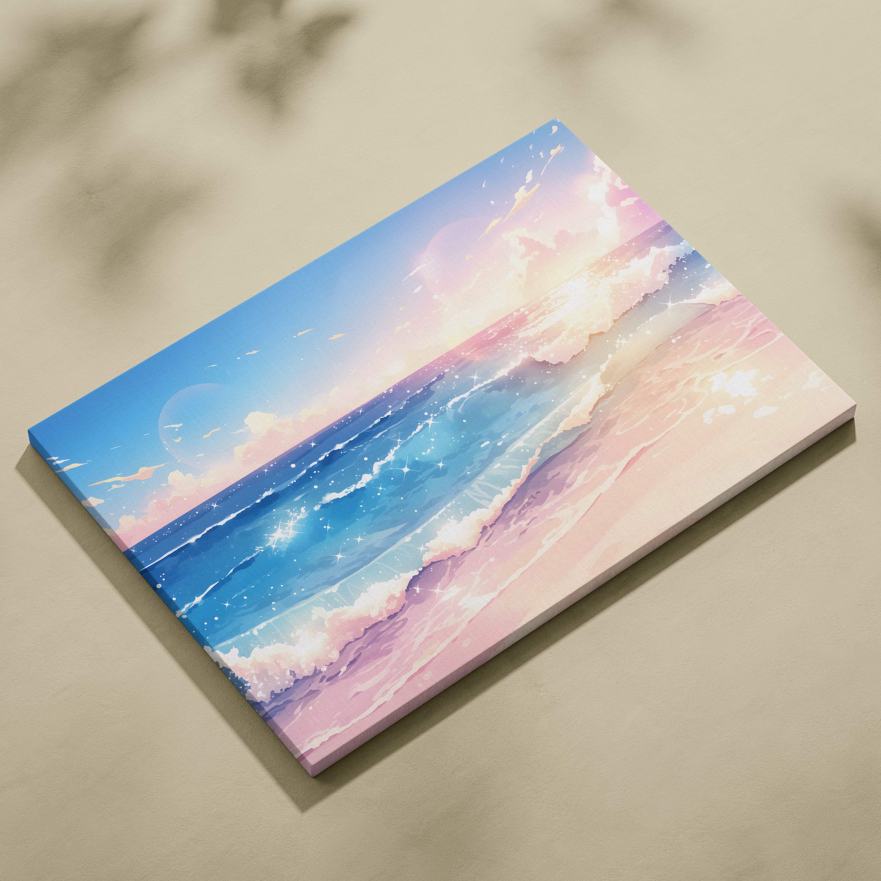 A rectangular pastel anime beach canvas print featuring a serene sparkling ocean sunset in soft blues pinks and purples for coastal decor