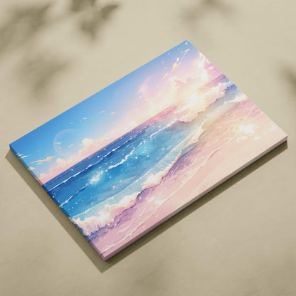A rectangular pastel anime beach canvas print featuring a serene sparkling ocean sunset in soft blues pinks and purples for coastal decor