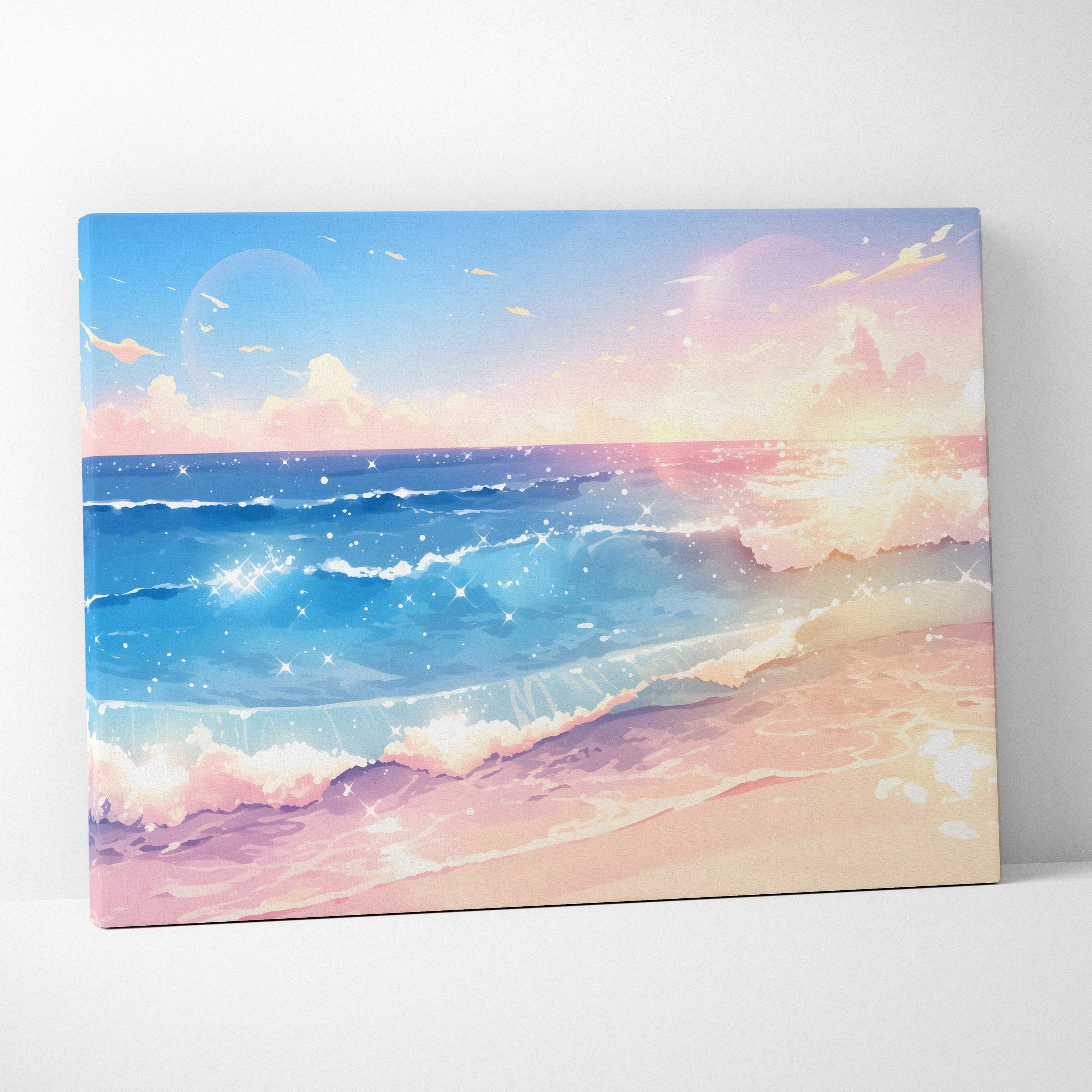 Pastel anime beach canvas wall art print with shimmering blue waves and soft pink sand for coastal bedroom decor