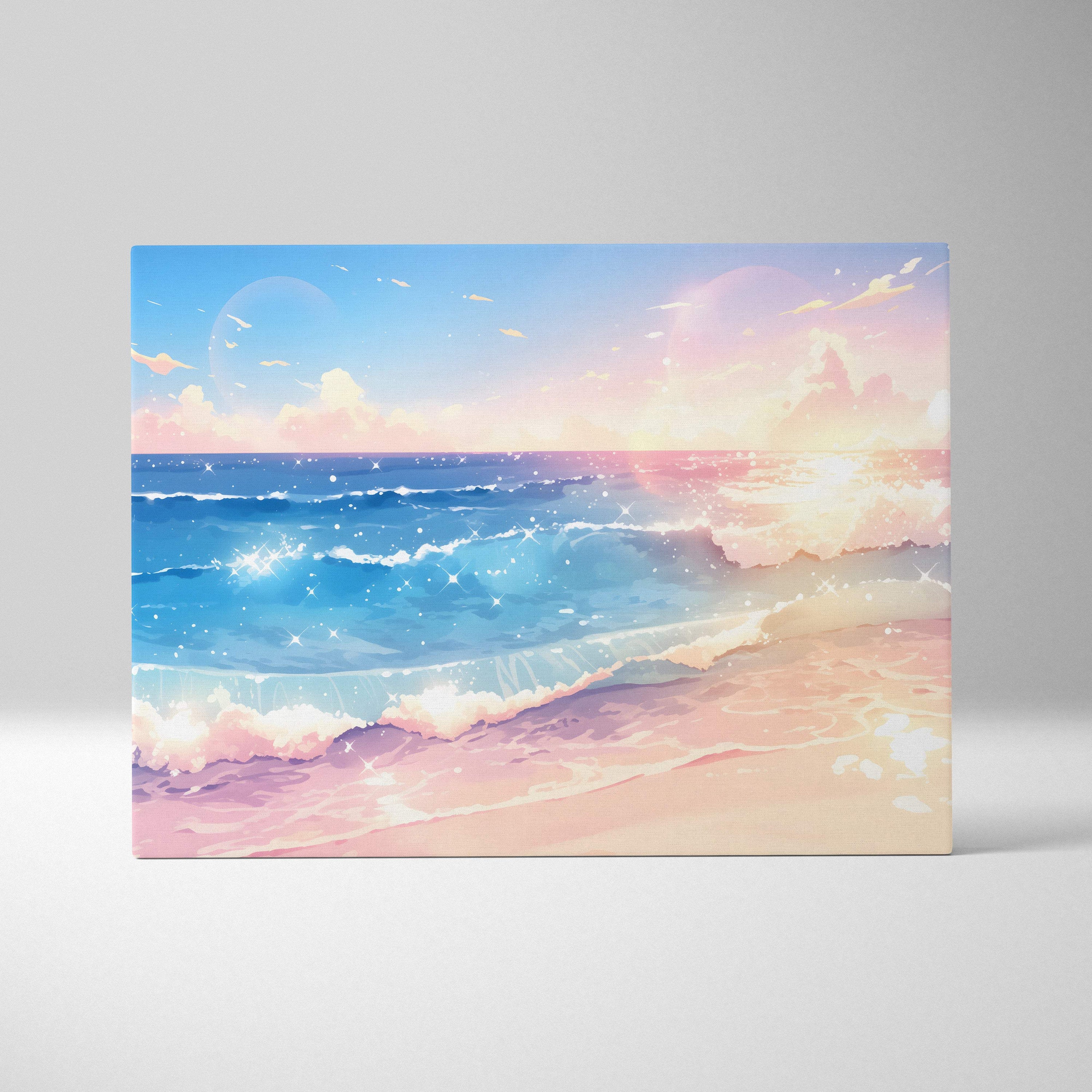 Pastel anime beach canvas wall art print with soft blue waves pink and orange skies sparkling ocean sunset decor