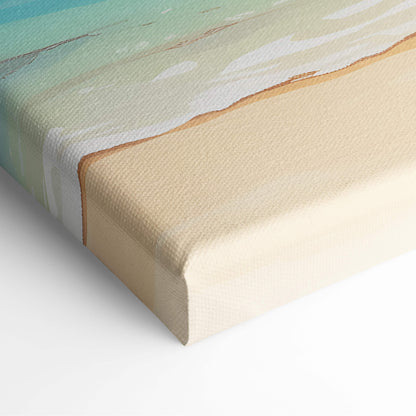 Beige canvas wall art print featuring abstract teal and white waves on sandy shores for coastal living room decor