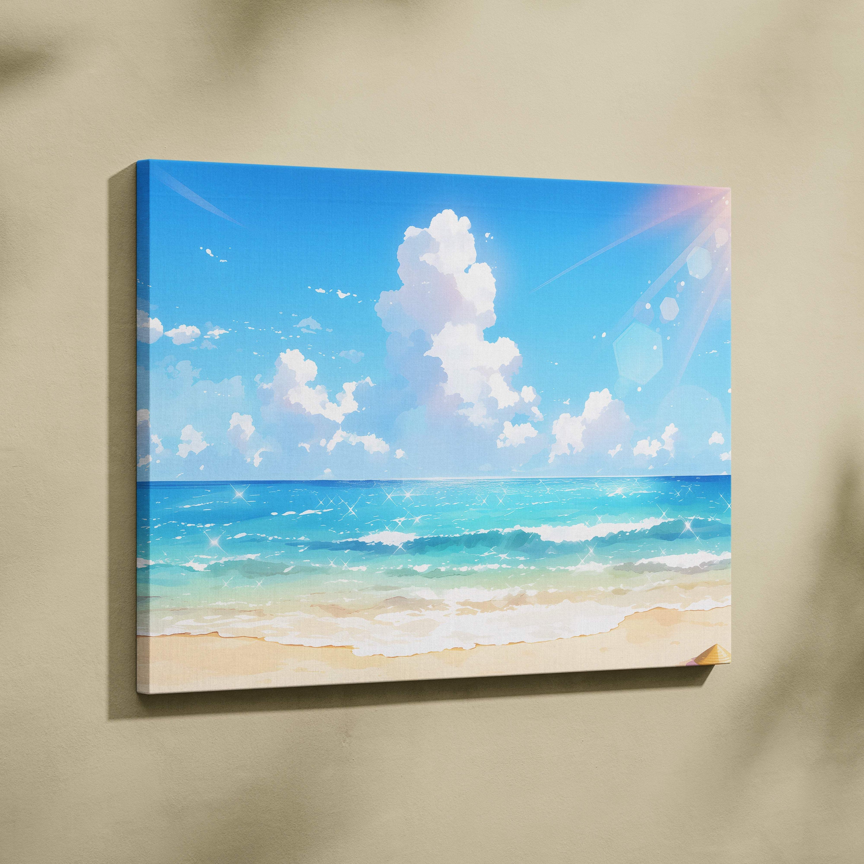 Sunny anime beach canvas wall art print featuring bright blue sky turquoise ocean waves on sandy shores
