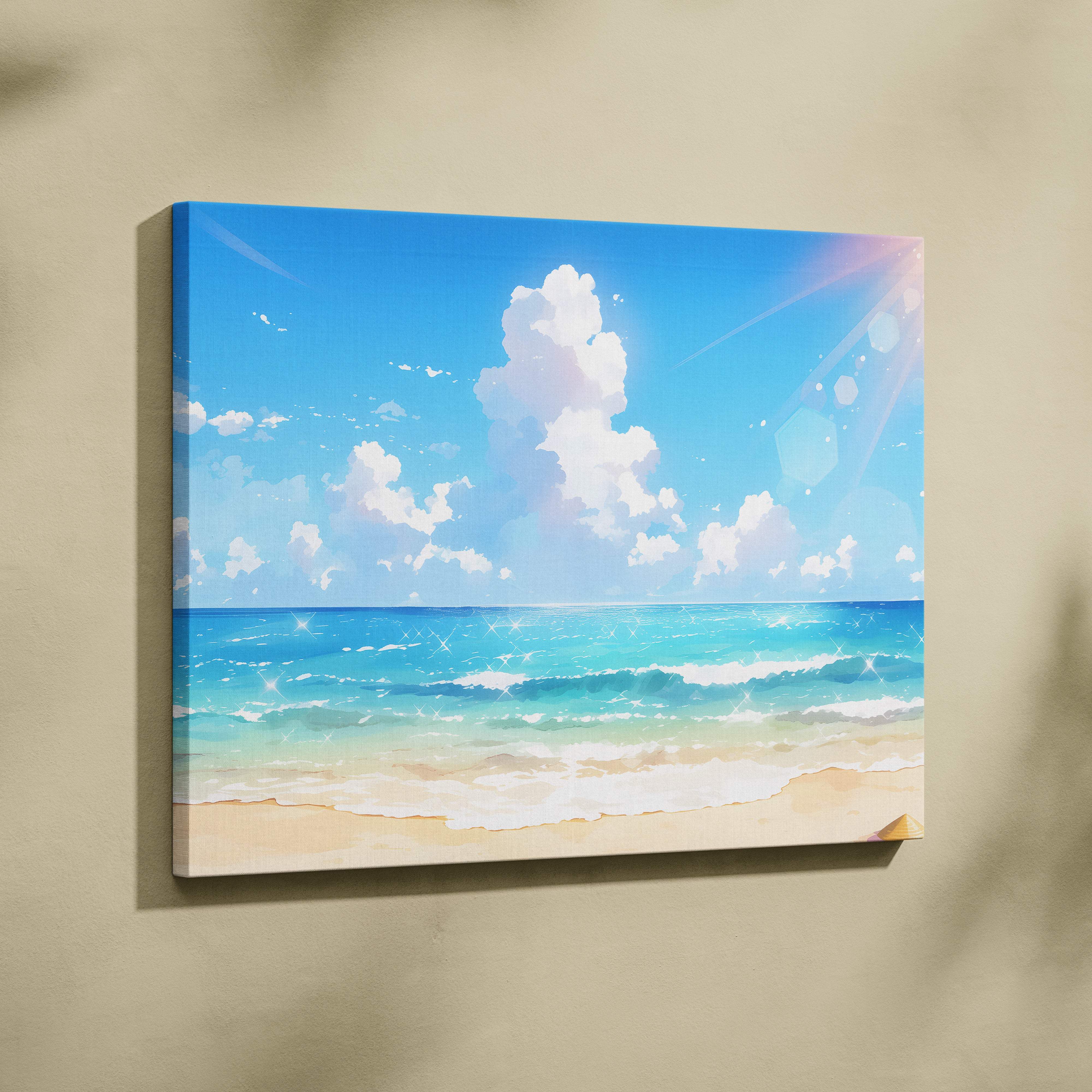 Sunny anime beach canvas wall art print featuring bright blue sky turquoise ocean waves on sandy shores