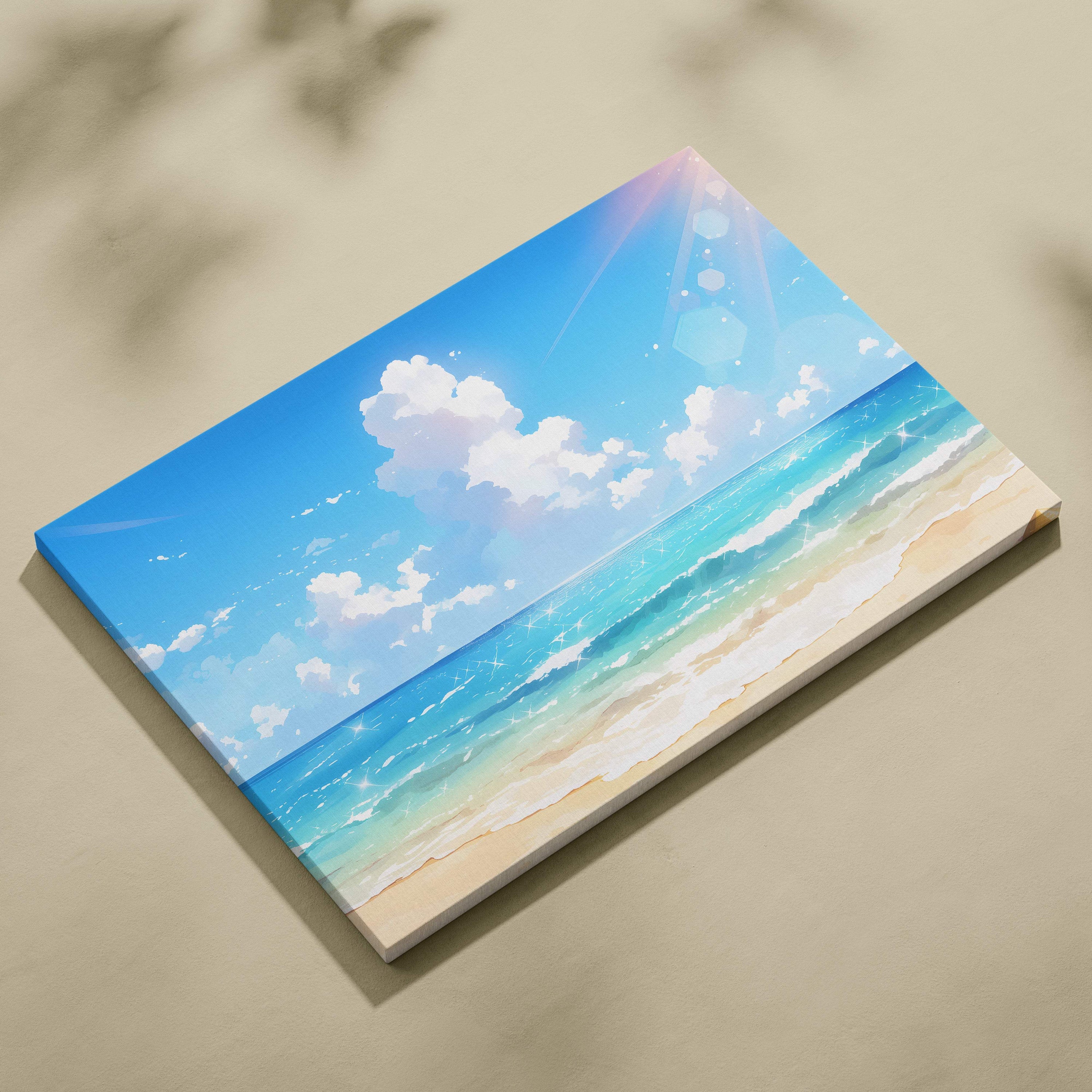 Sunny anime beach canvas wall art print featuring vibrant turquoise waves white clouds and soft sand for coastal decor