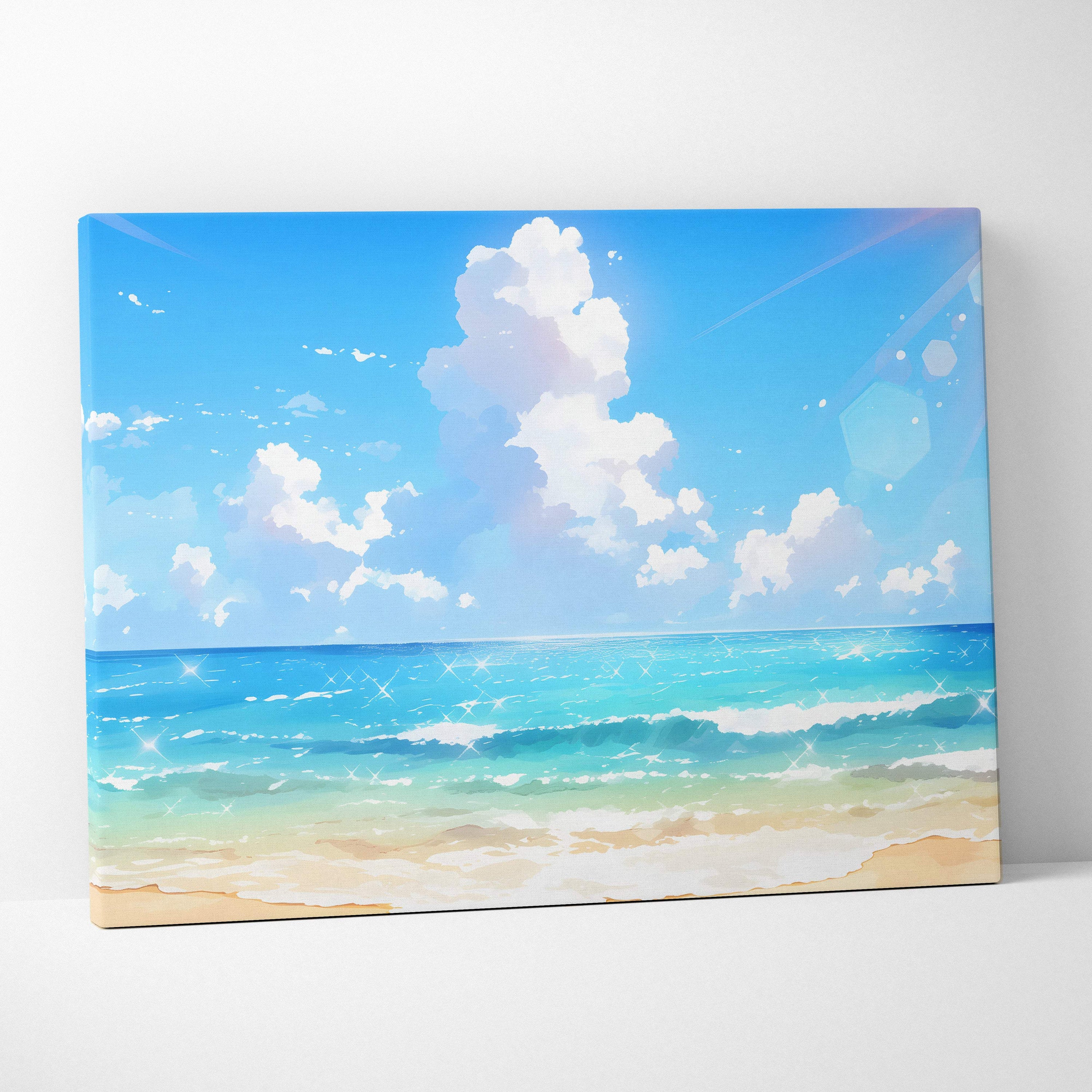 Sunny anime beach canvas wall art featuring vibrant blue sky, turquoise ocean waves, and golden sand for coastal decor