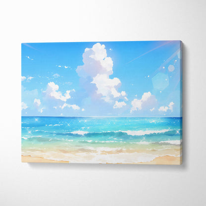 Sunny anime beach canvas wall art print featuring turquoise waves sandy shore and bright blue sky for coastal decor