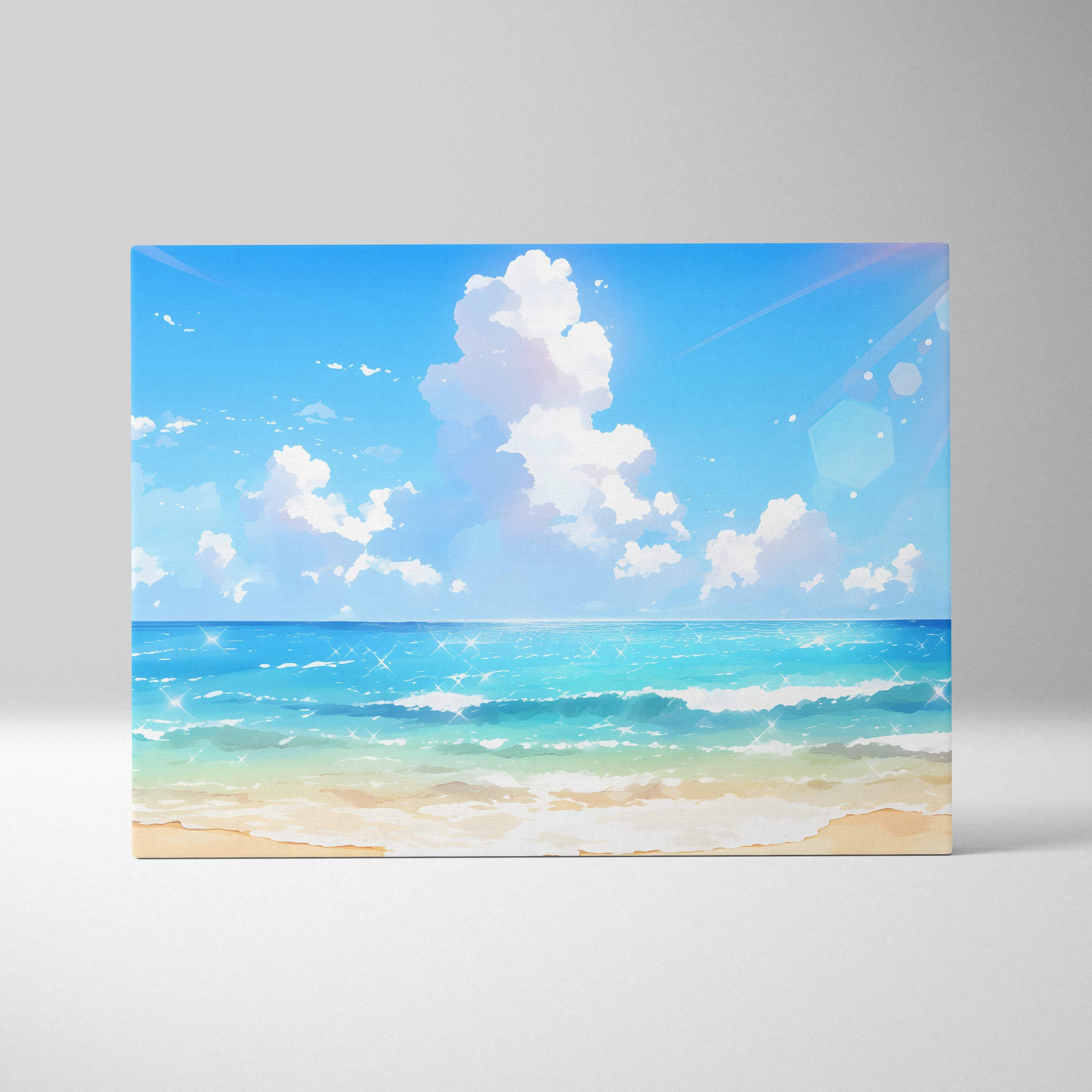 Sunny anime beach canvas wall art print with vibrant blue sky turquoise ocean waves and golden sand for coastal decor