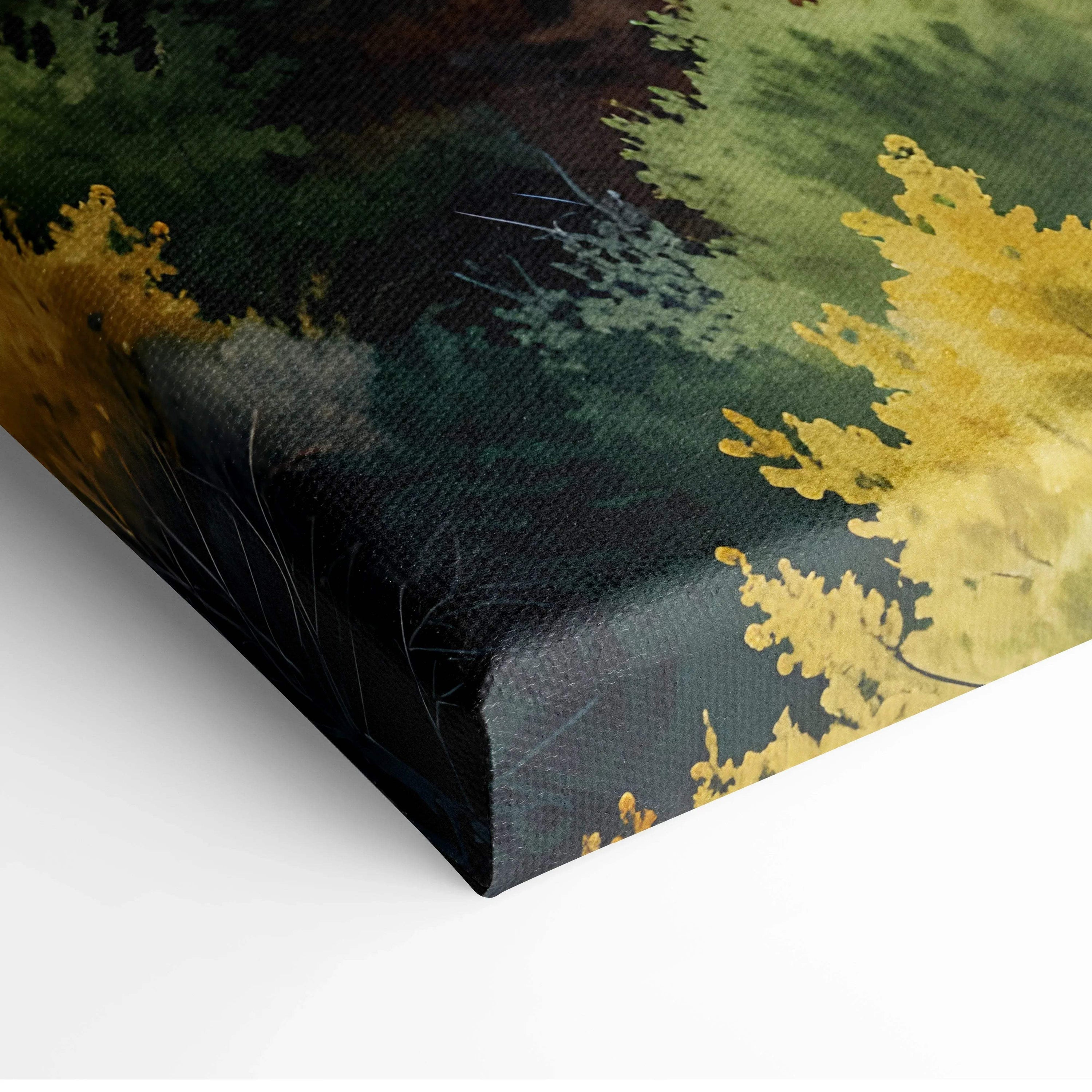 Canvas wall art featuring a serene autumn forest in watercolor with deep greens and golden yellows.