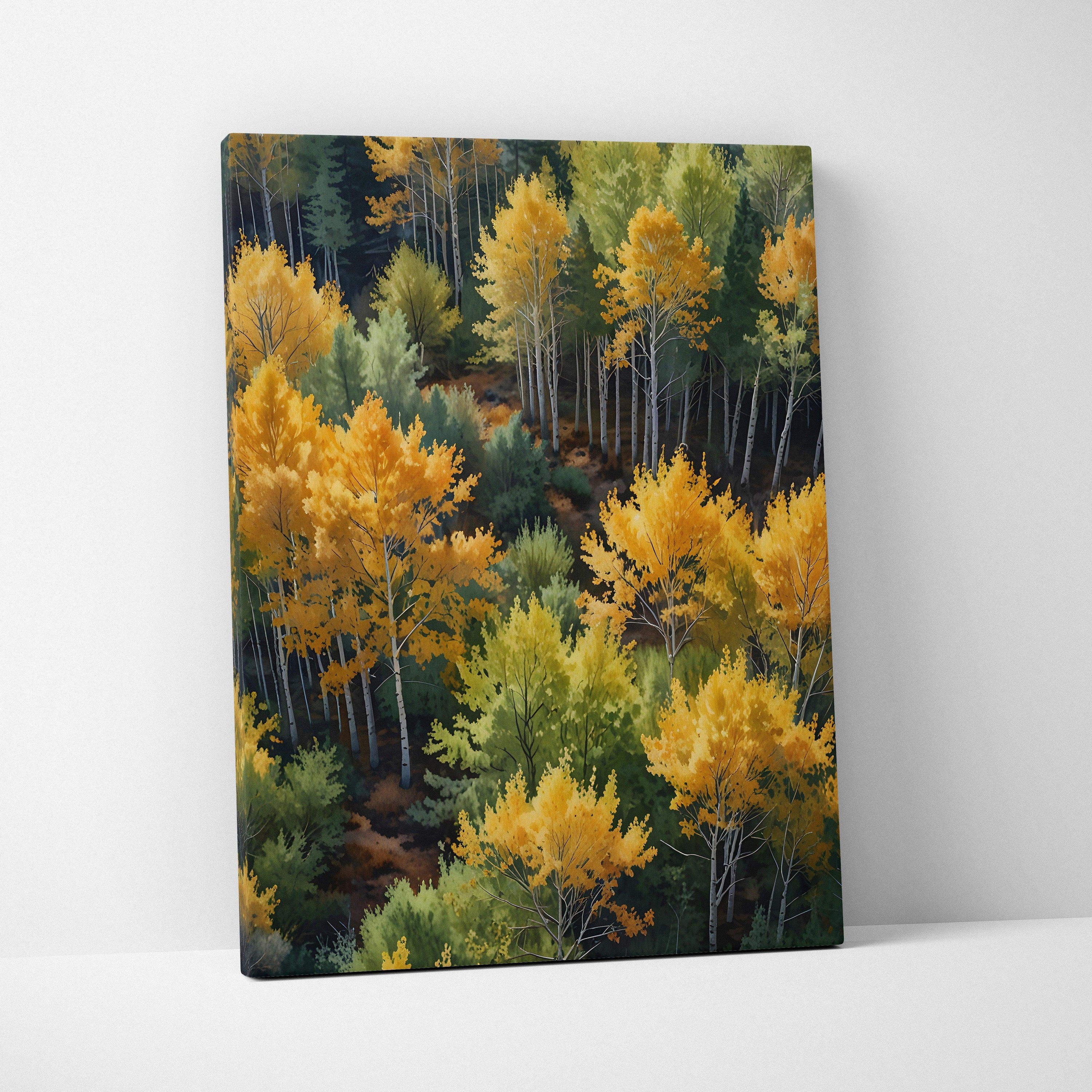Canvas wall art featuring a vibrant autumn forest with golden and green trees in watercolor style.