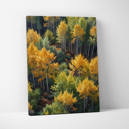 Canvas wall art featuring a vibrant autumn forest with golden and green trees in watercolor style.
