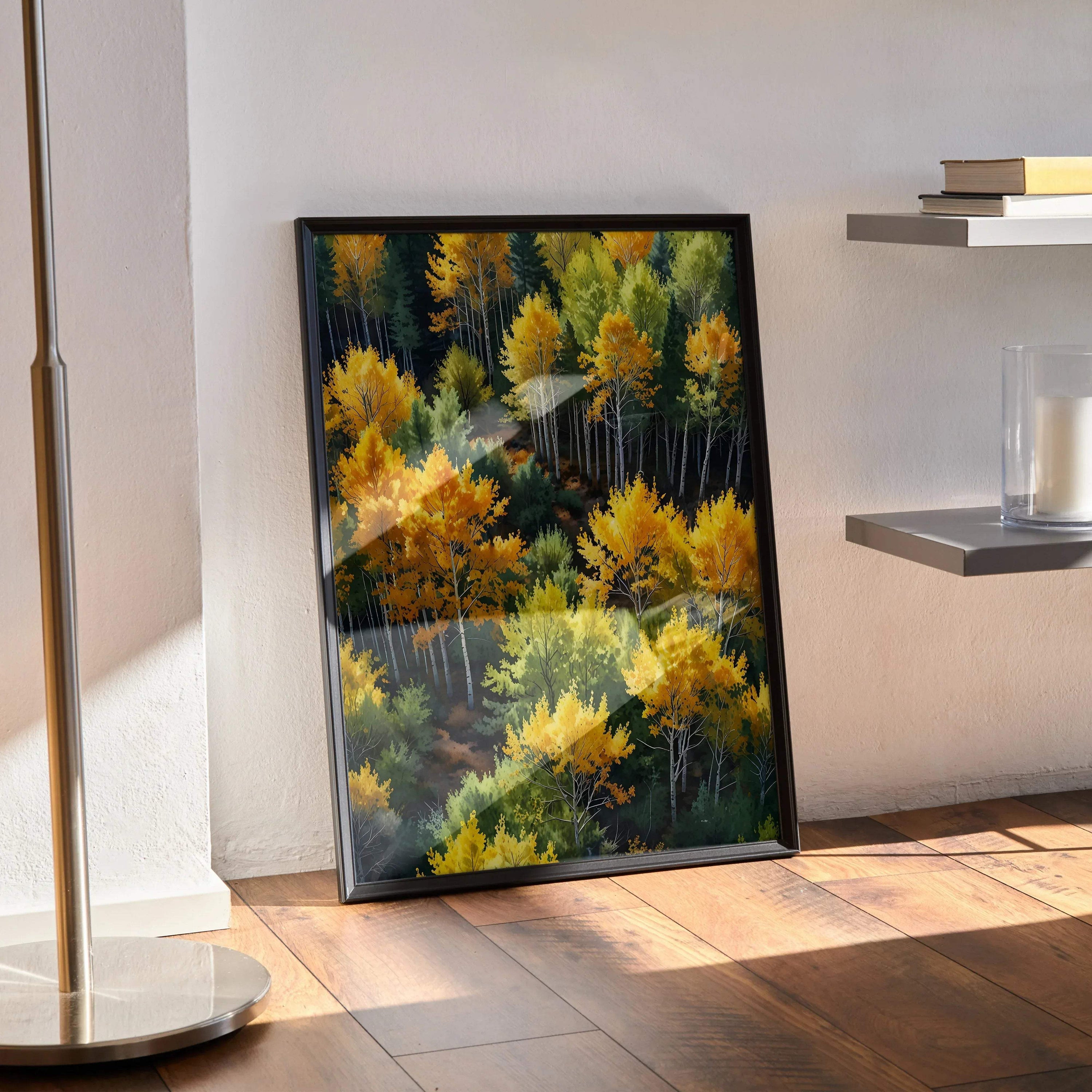 Vibrant watercolor autumn trees poster with golden and green foliage, vertical wall art in black frame.