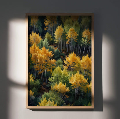 Vertical poster of vibrant watercolor autumn trees in yellow and green forest wall art.