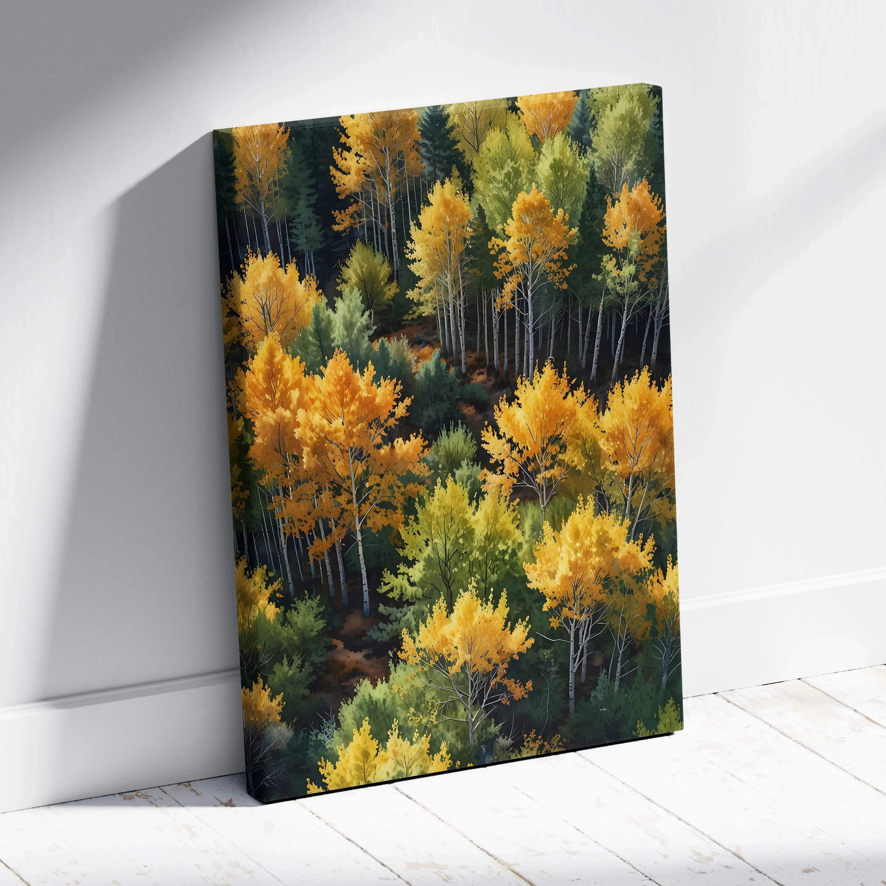 Autumn forest watercolor art on canvas with vibrant yellow and green trees, vertical wall art print.