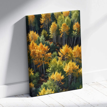 Autumn forest watercolor art on canvas with vibrant yellow and green trees, vertical wall art print.