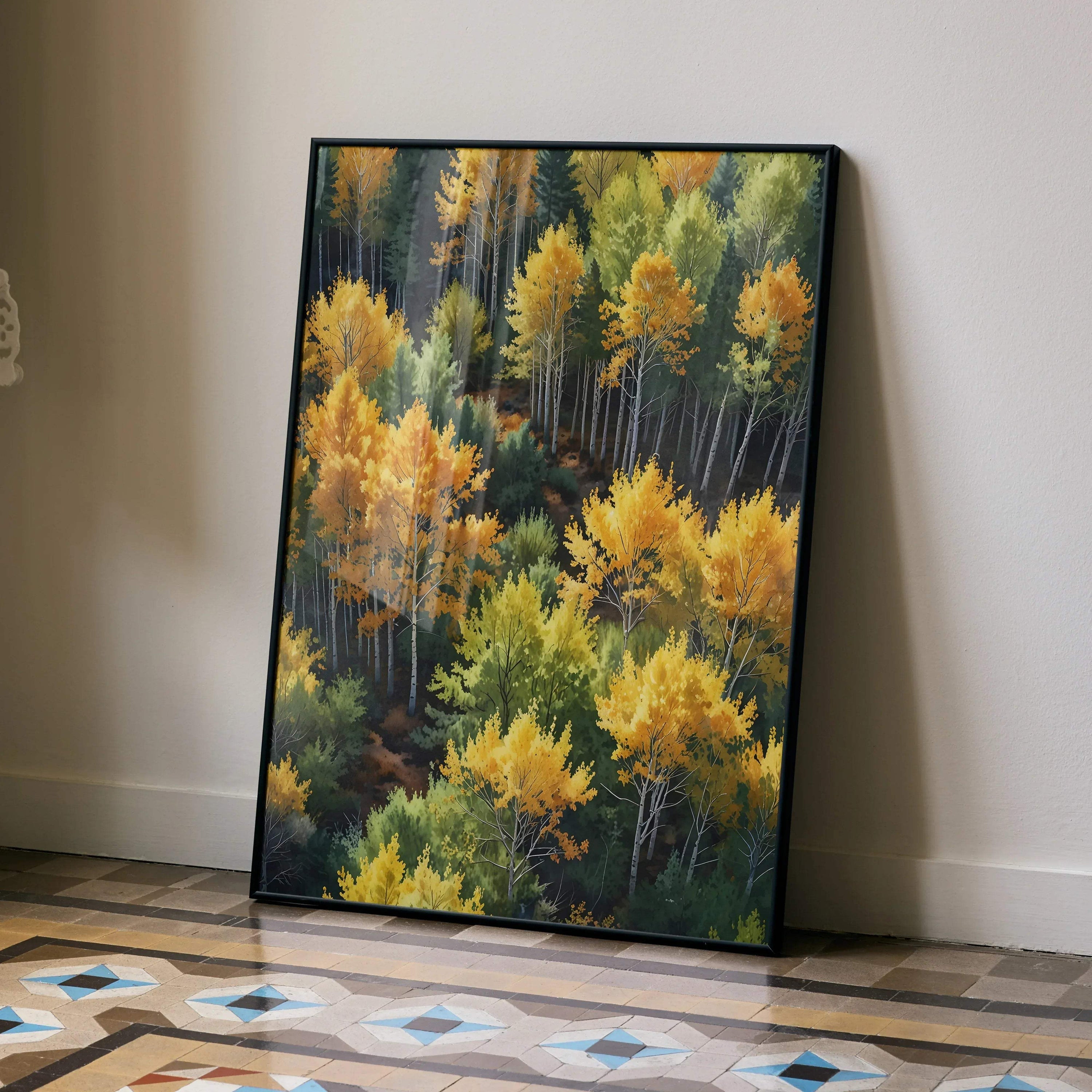 Vibrant watercolor autumn trees poster with rich yellow and green forest hues, wall art in vertical orientation.