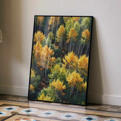 Vibrant watercolor autumn trees poster with rich yellow and green forest hues, wall art in vertical orientation.