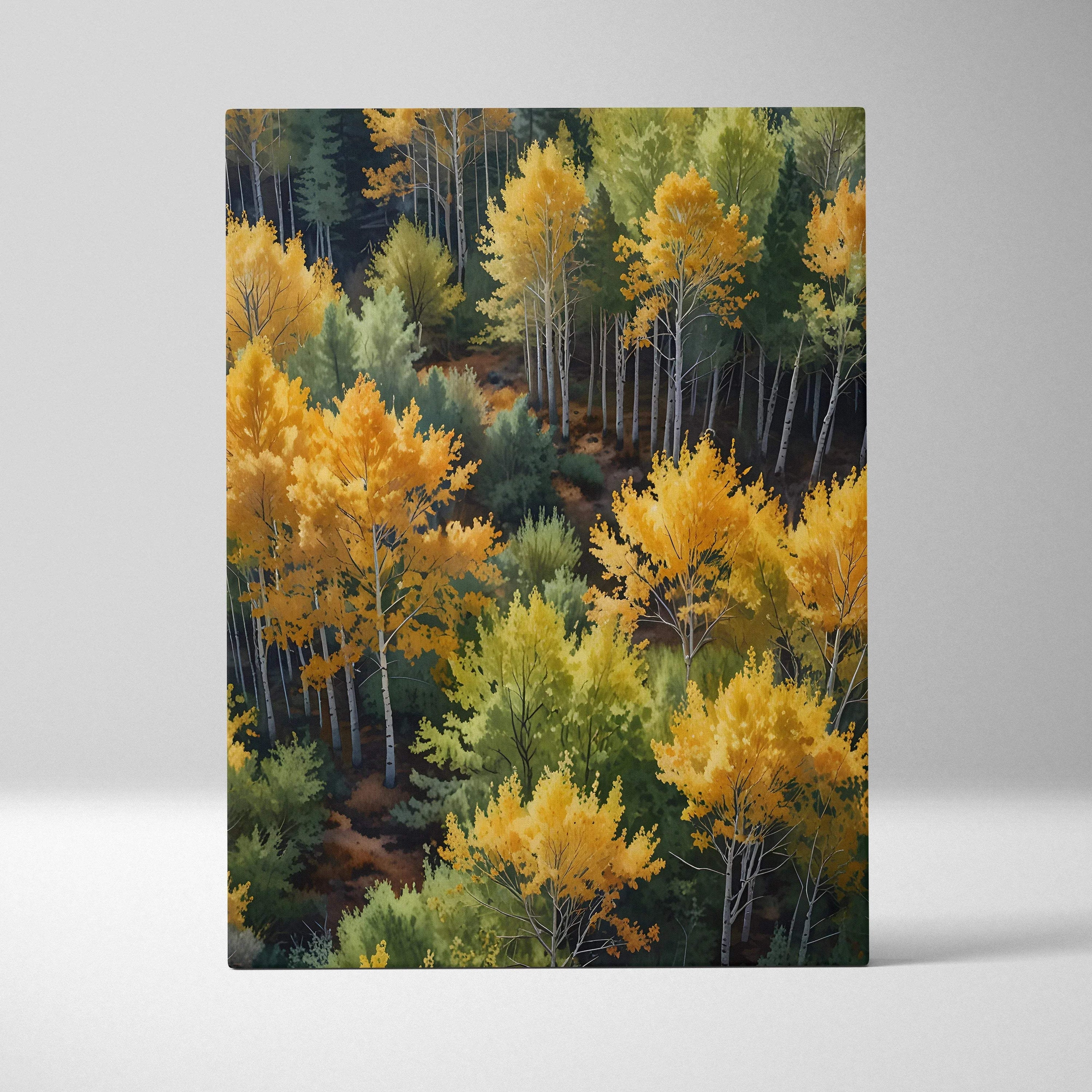 Canvas wall art featuring a watercolor autumn forest with yellow and green trees.