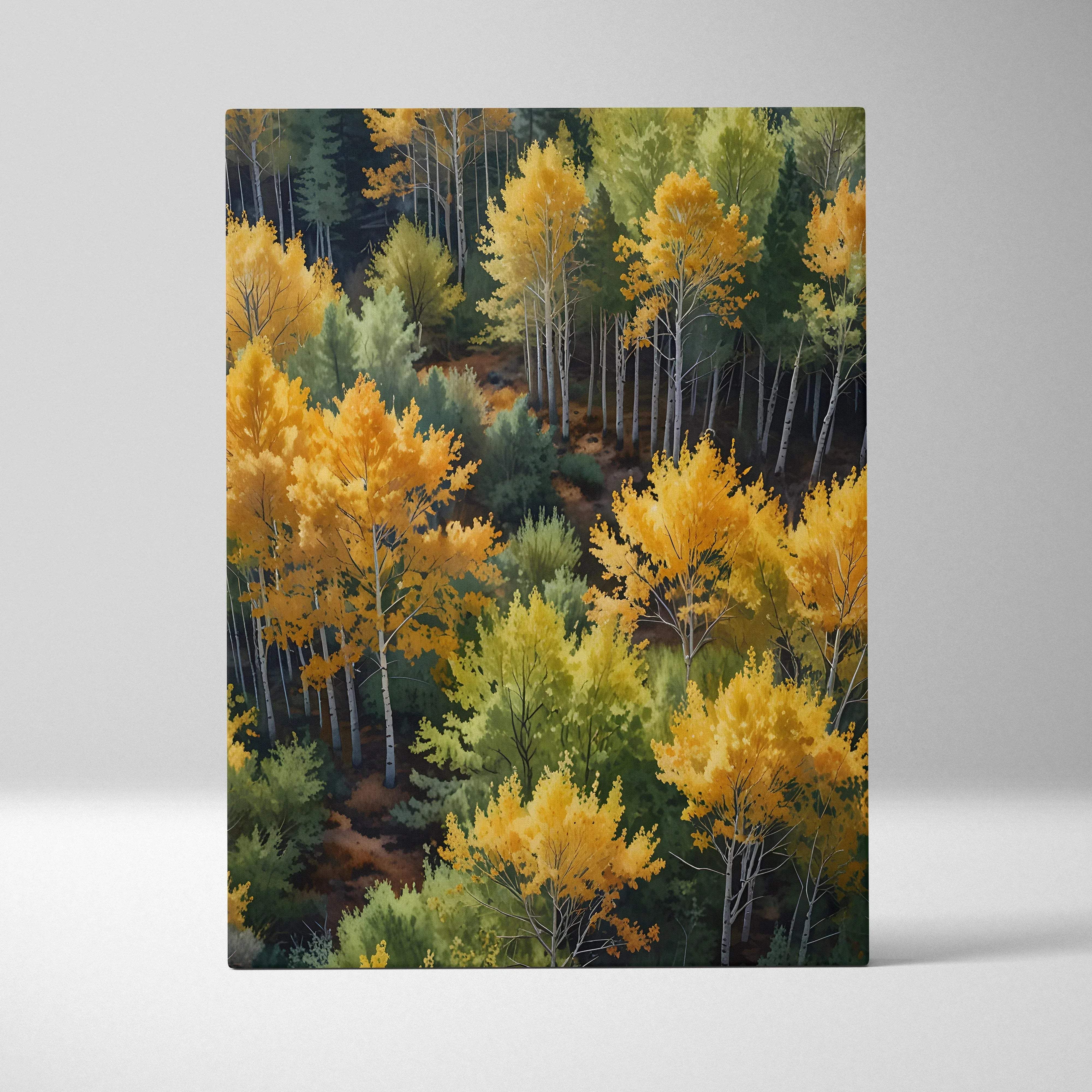 Rectangular canvas print of a vibrant autumn forest with golden aspen trees and green evergreens in sunlight