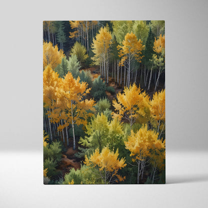 Canvas wall art featuring a watercolor autumn forest with yellow and green trees.