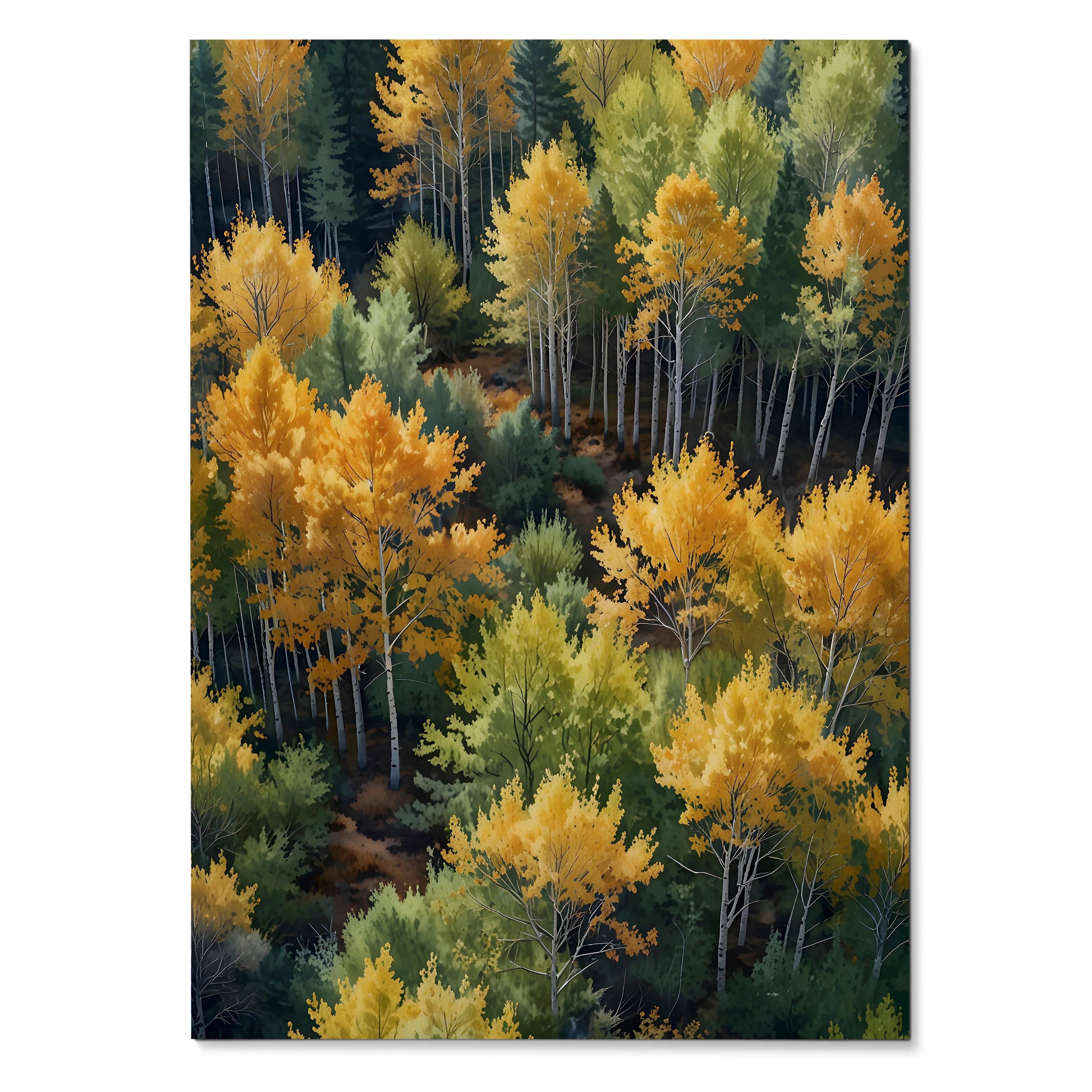 Vibrant watercolor autumn trees poster with golden and green foliage forest wall art.