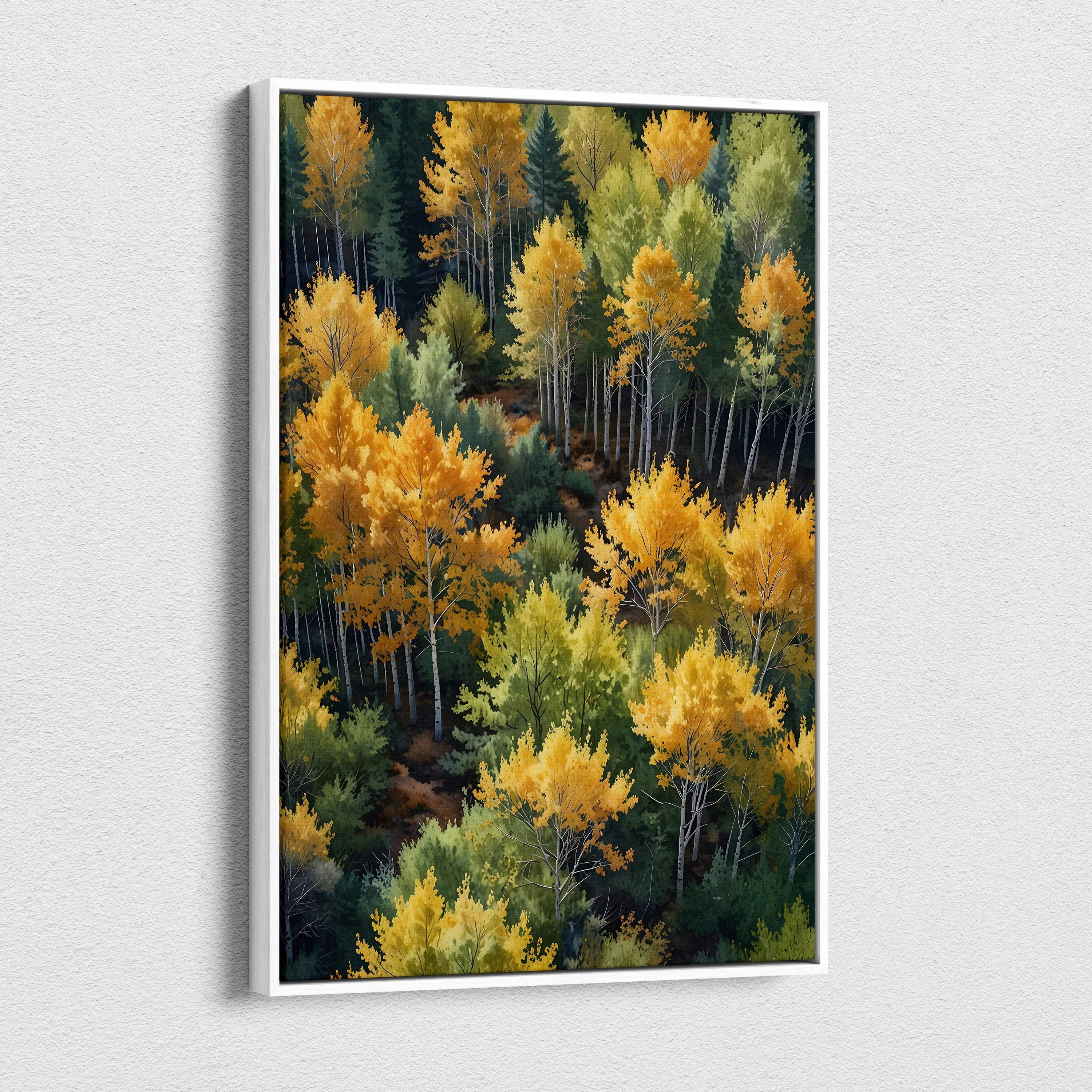 Vertical canvas wall art featuring a serene autumn forest with watercolor trees in vibrant yellow and green hues.