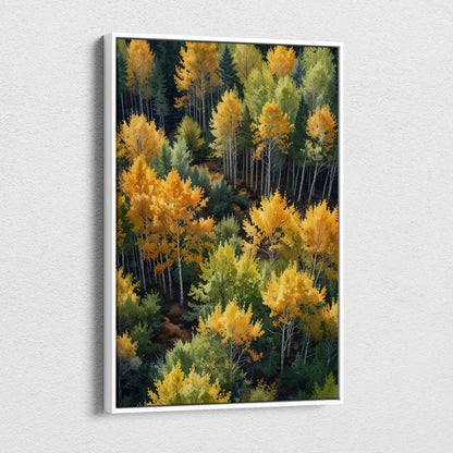 Vertical canvas wall art featuring a serene autumn forest with watercolor trees in vibrant yellow and green hues.
