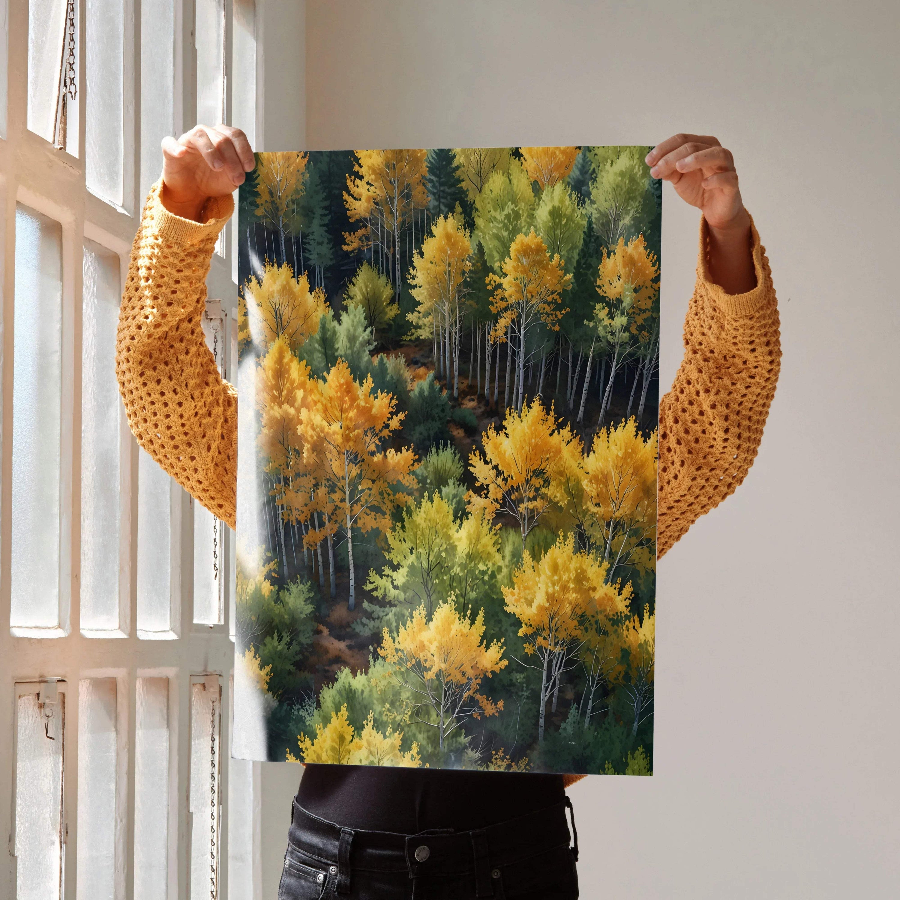 Vibrant watercolor autumn trees poster with yellow and green forest foliage vertical wall art.