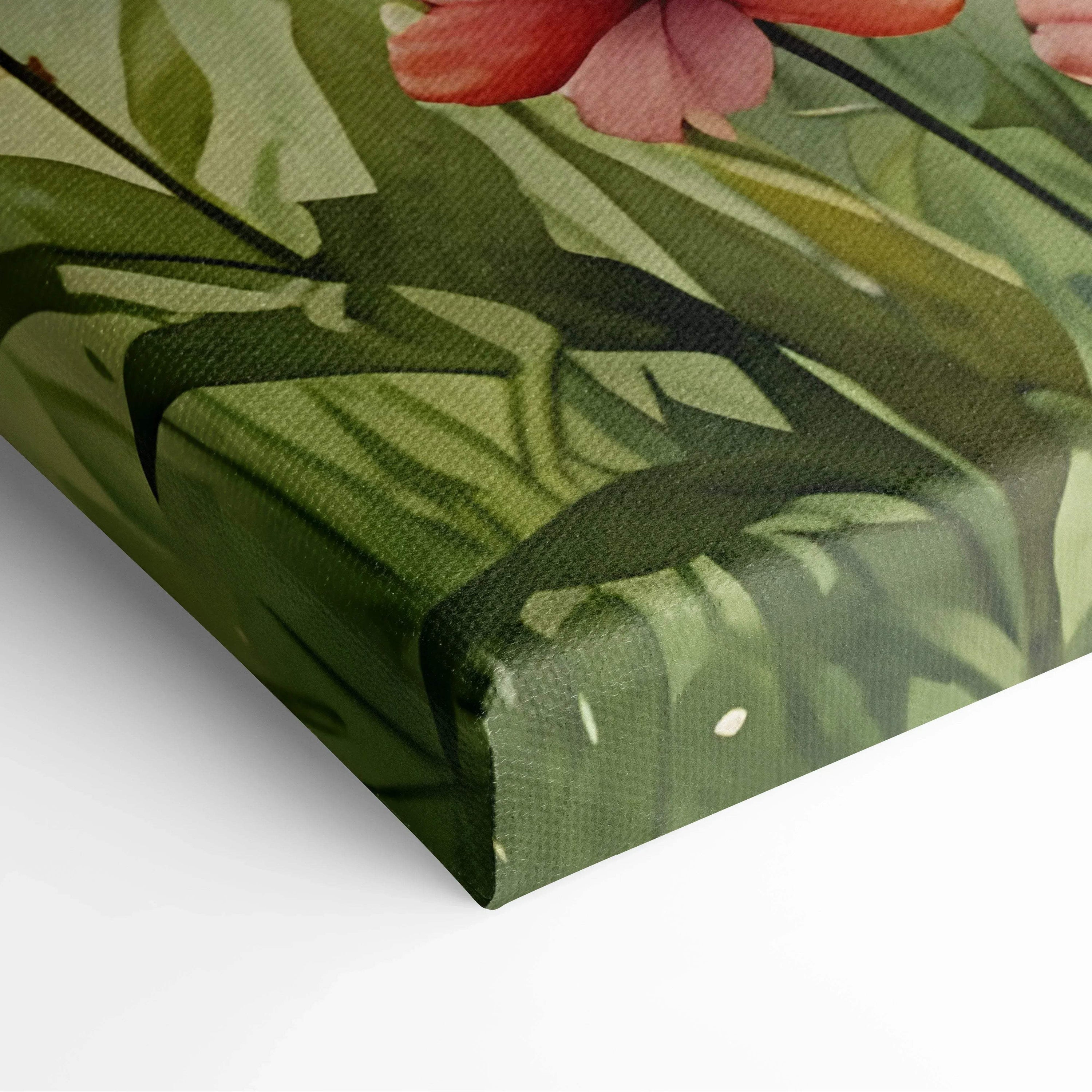Canvas wall art with vibrant watercolor floral and green leaf design on textured surface.