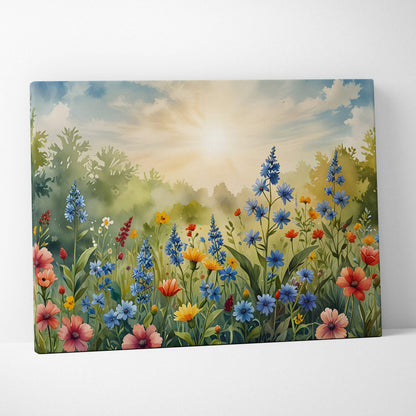 Vibrant watercolor floral canvas wall art with colorful wildflowers under a bright sunburst sky.