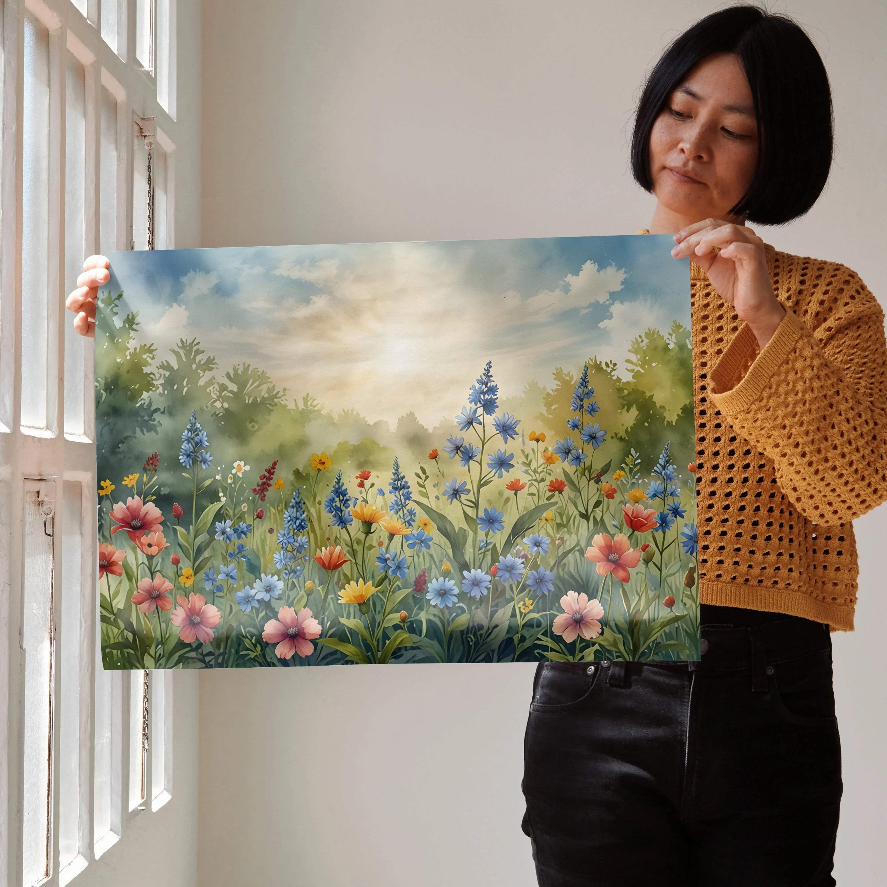 Vibrant floral watercolor nature poster with colorful wildflowers and soft sky wall art print.