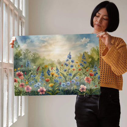 Vibrant floral watercolor nature poster with colorful wildflowers and soft sky wall art print.
