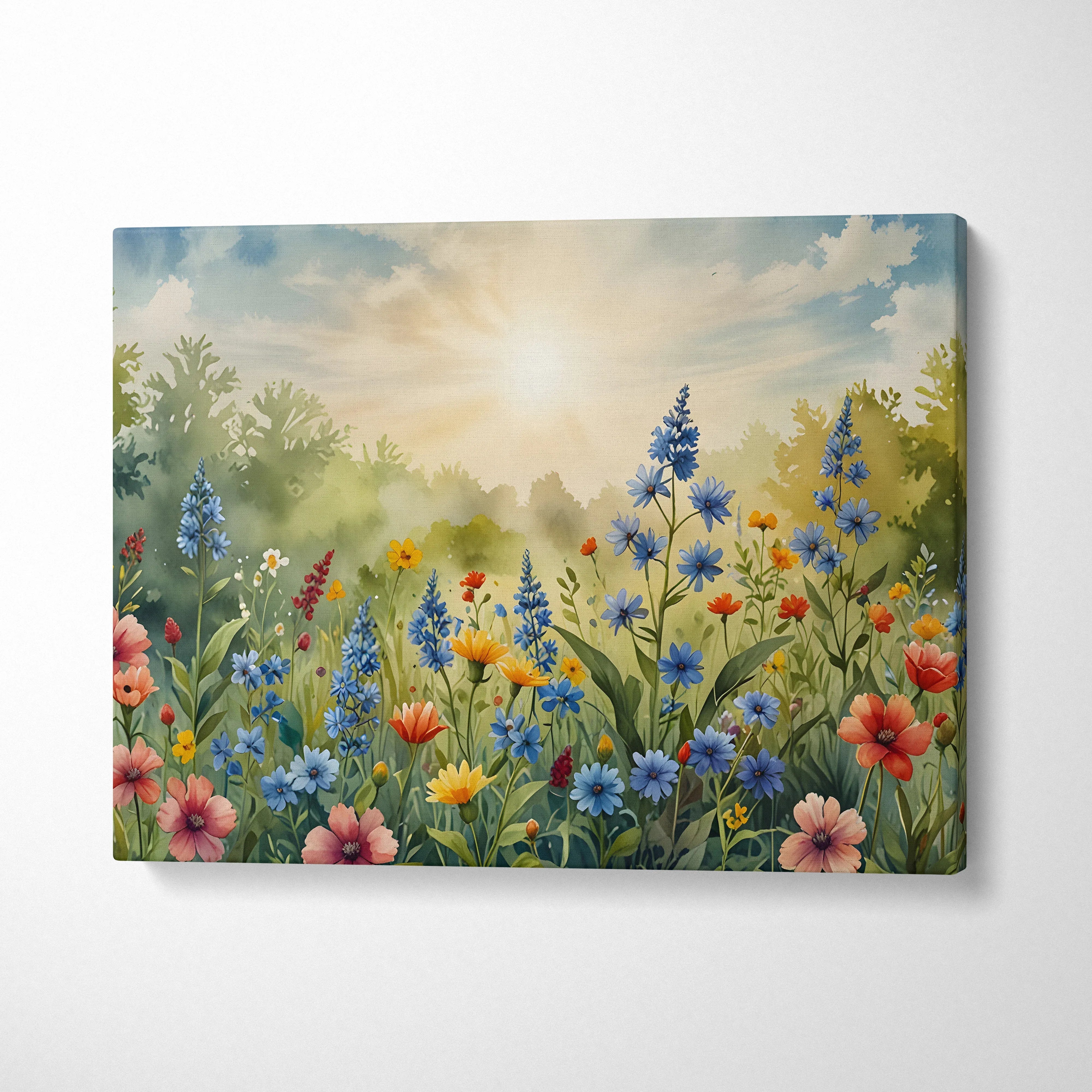 Colorful watercolor floral canvas wall art with wildflowers and a soft sunrise background.