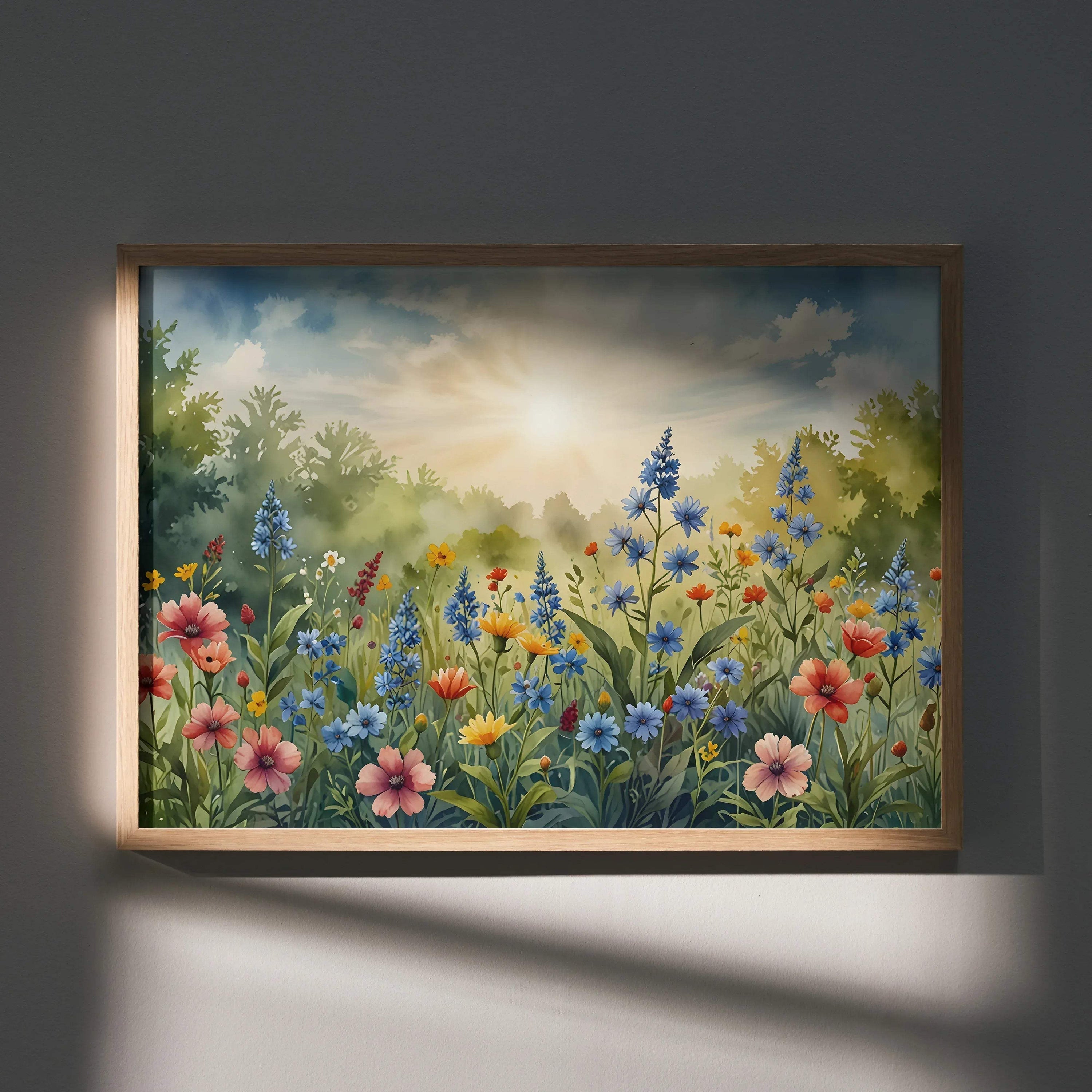 Vibrant floral watercolor nature poster with colorful wildflowers and soft sky wall art in wooden frame.