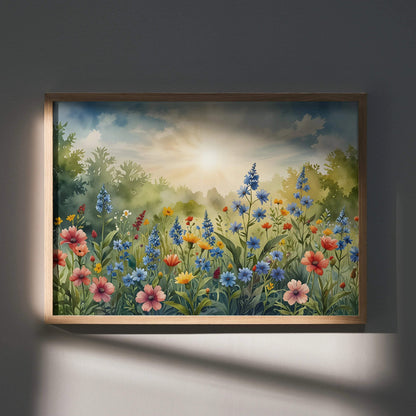 Vibrant floral watercolor nature poster with colorful wildflowers and soft sky wall art in wooden frame.