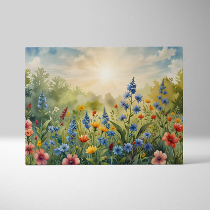 Colorful watercolor floral canvas wall art featuring wildflowers under a glowing sunrise sky.