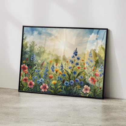 Vibrant floral watercolor poster with colorful wildflowers and lush greenery wall art print in a black frame.