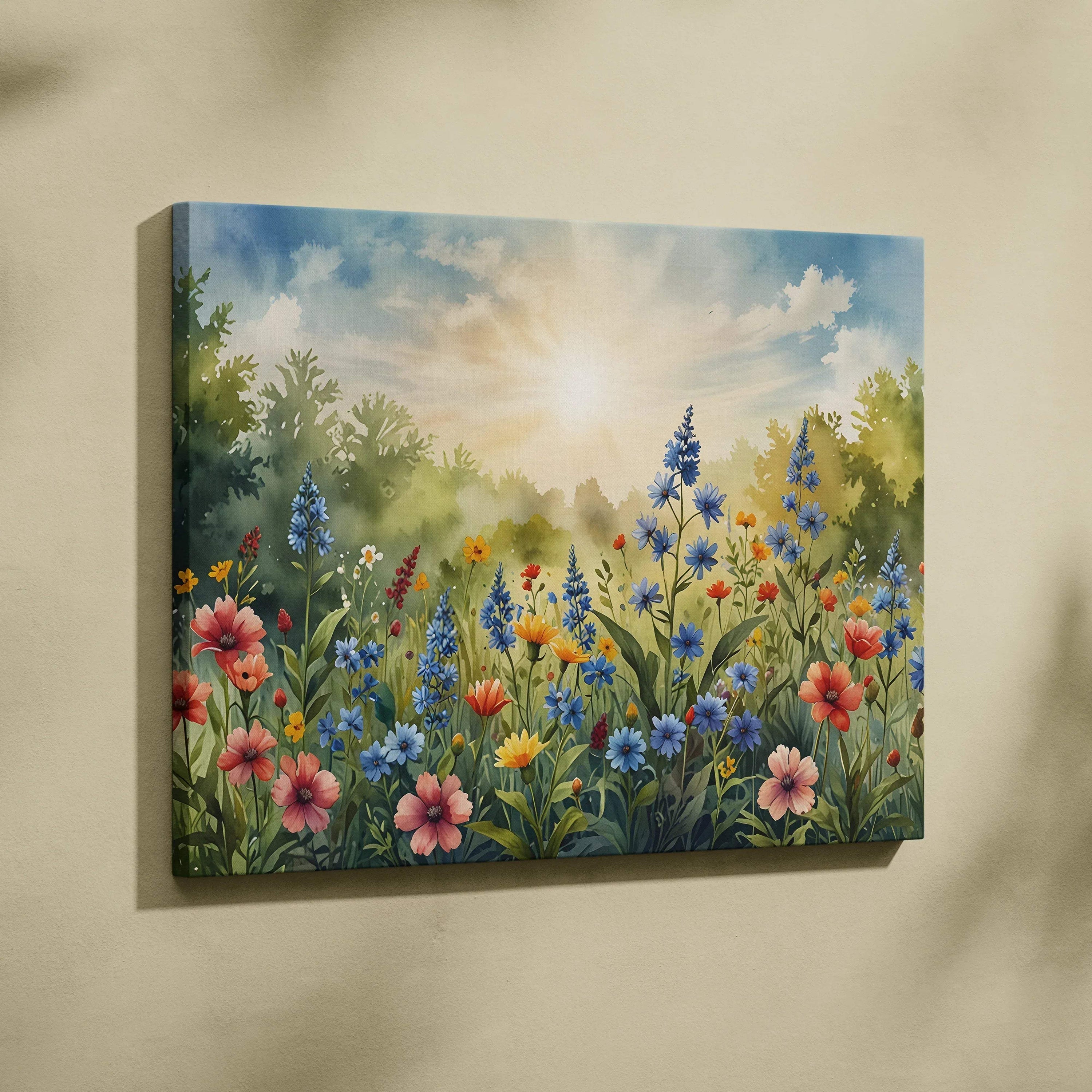 Canvas wall art featuring vibrant watercolor wildflowers under a sunny sky with soft clouds.