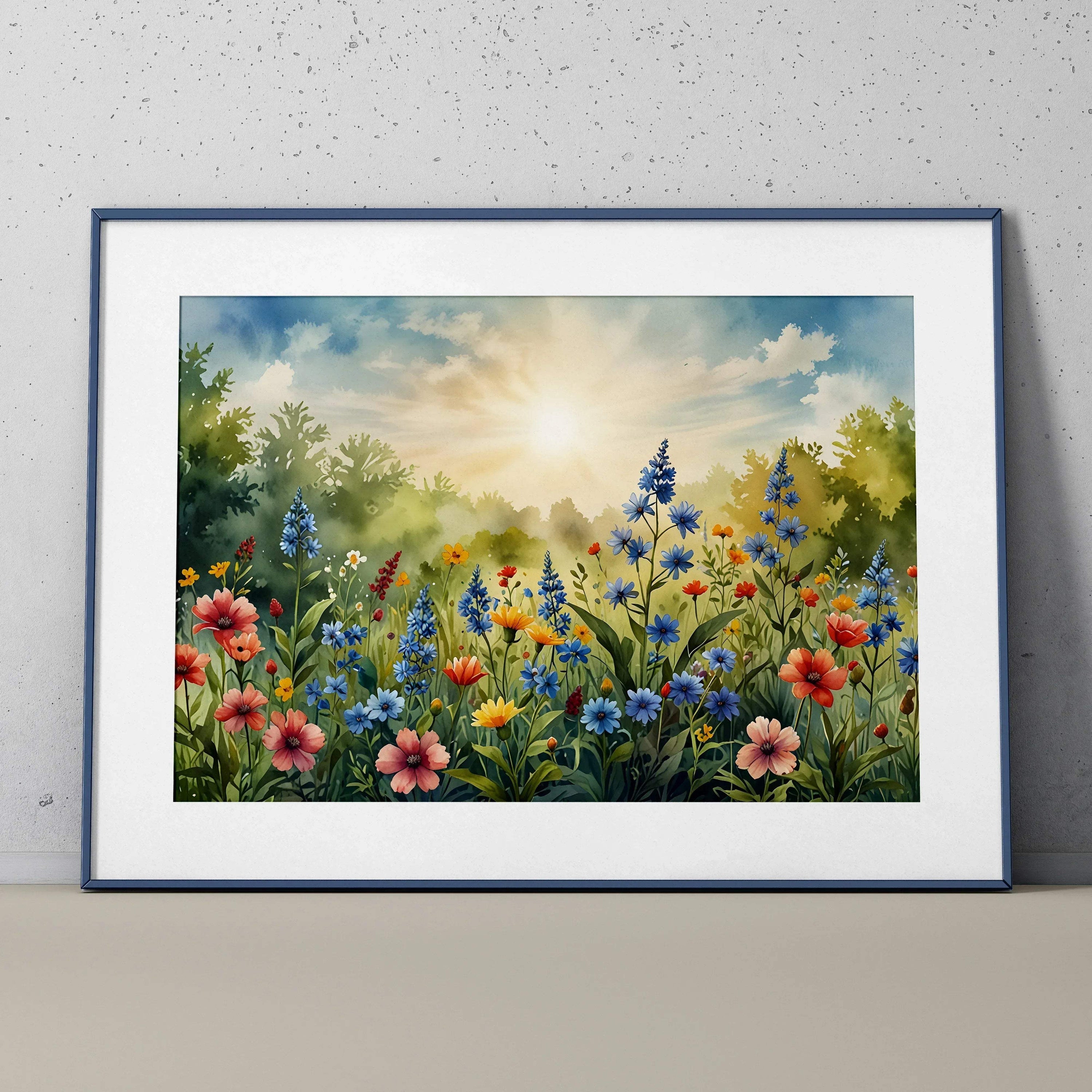 Vibrant floral watercolor poster featuring colorful wildflowers and a sunny sky wall art print.