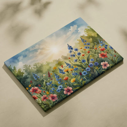 Vibrant watercolor floral canvas wall art with colorful wildflowers and a bright sunlit sky background.