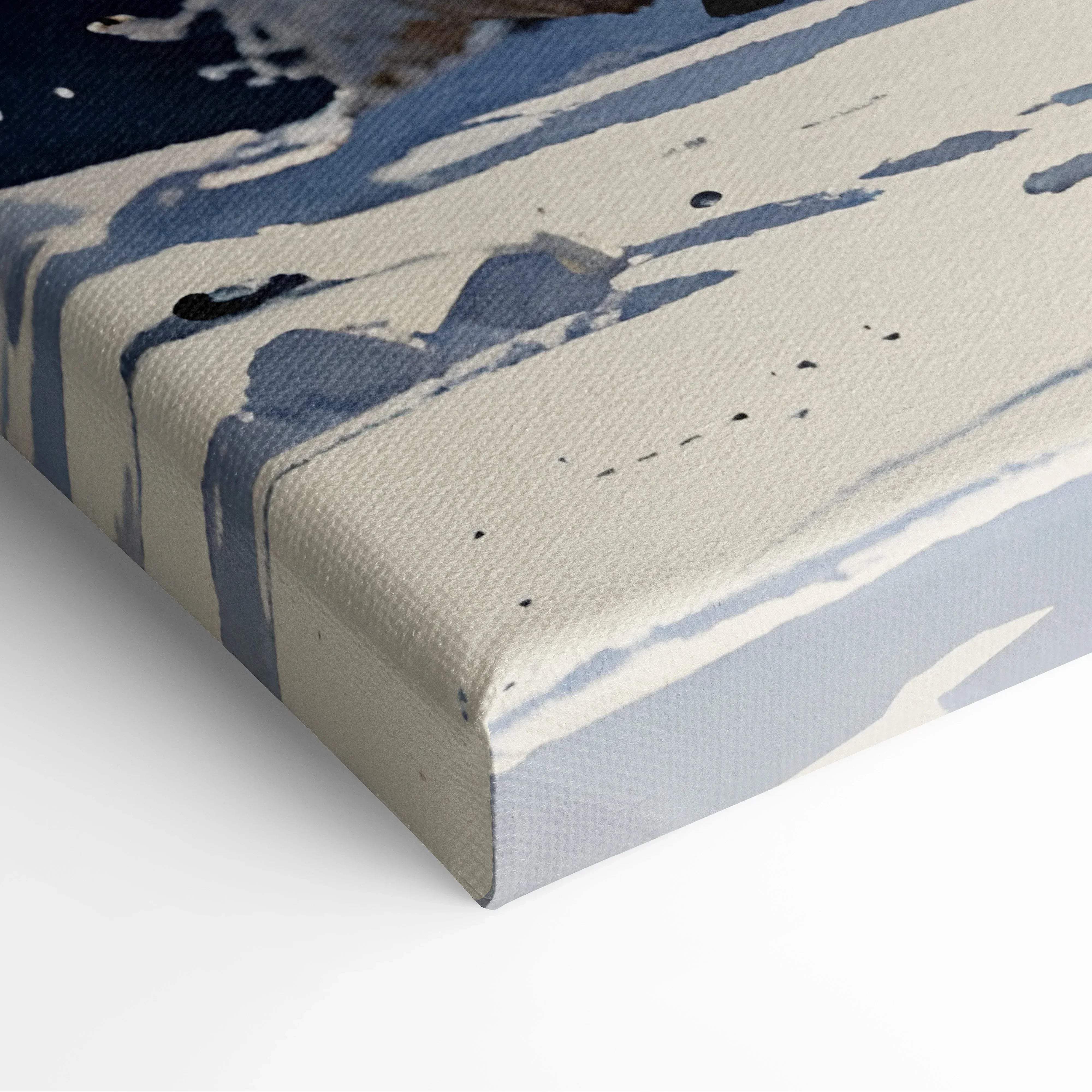 A textured canvas print of an abstract blue and off-white watercolor snow landscape with visible weave and soft sunrise tones