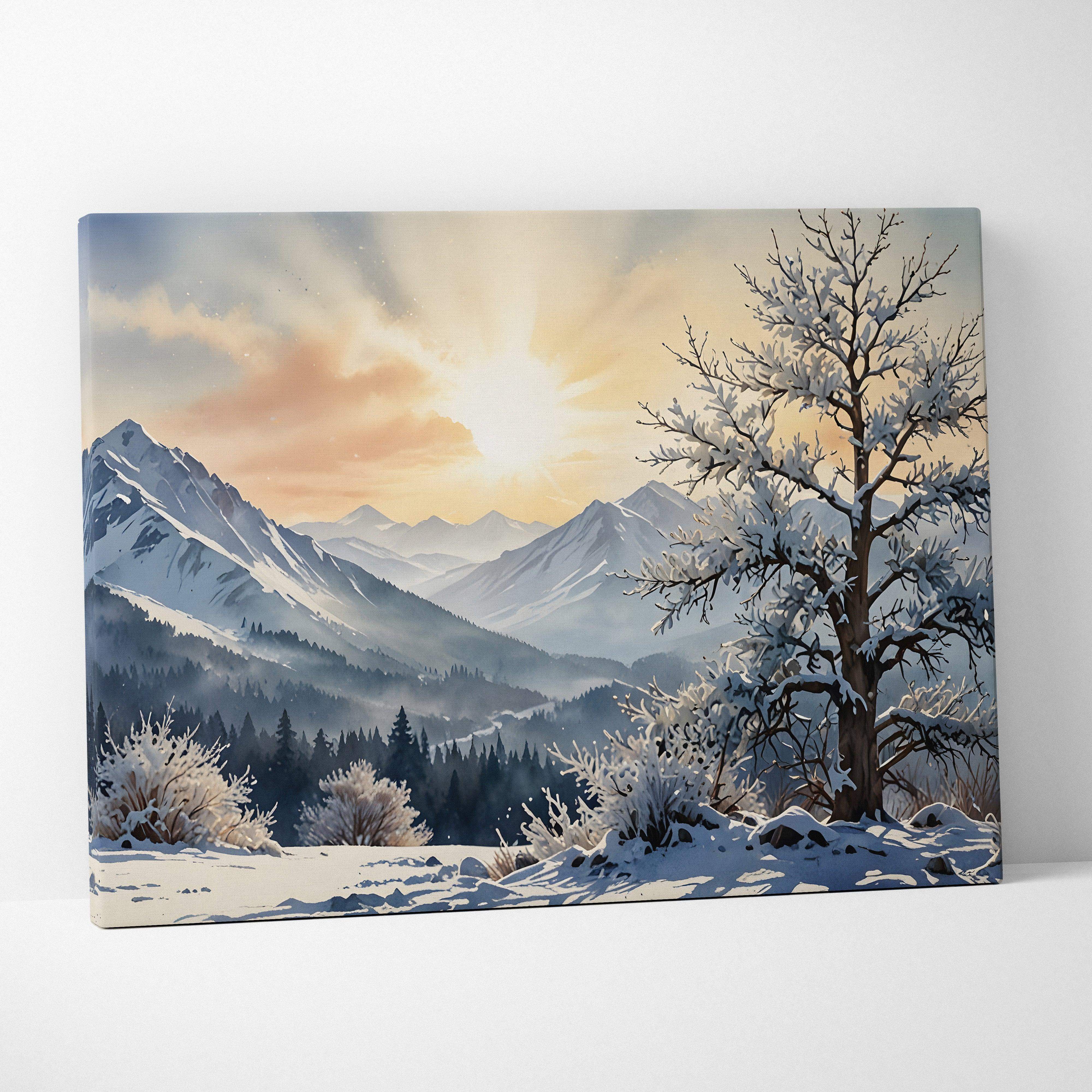 Canvas print of snow-covered mountain landscape with bare tree and warm sunlight in soft sunrise tones