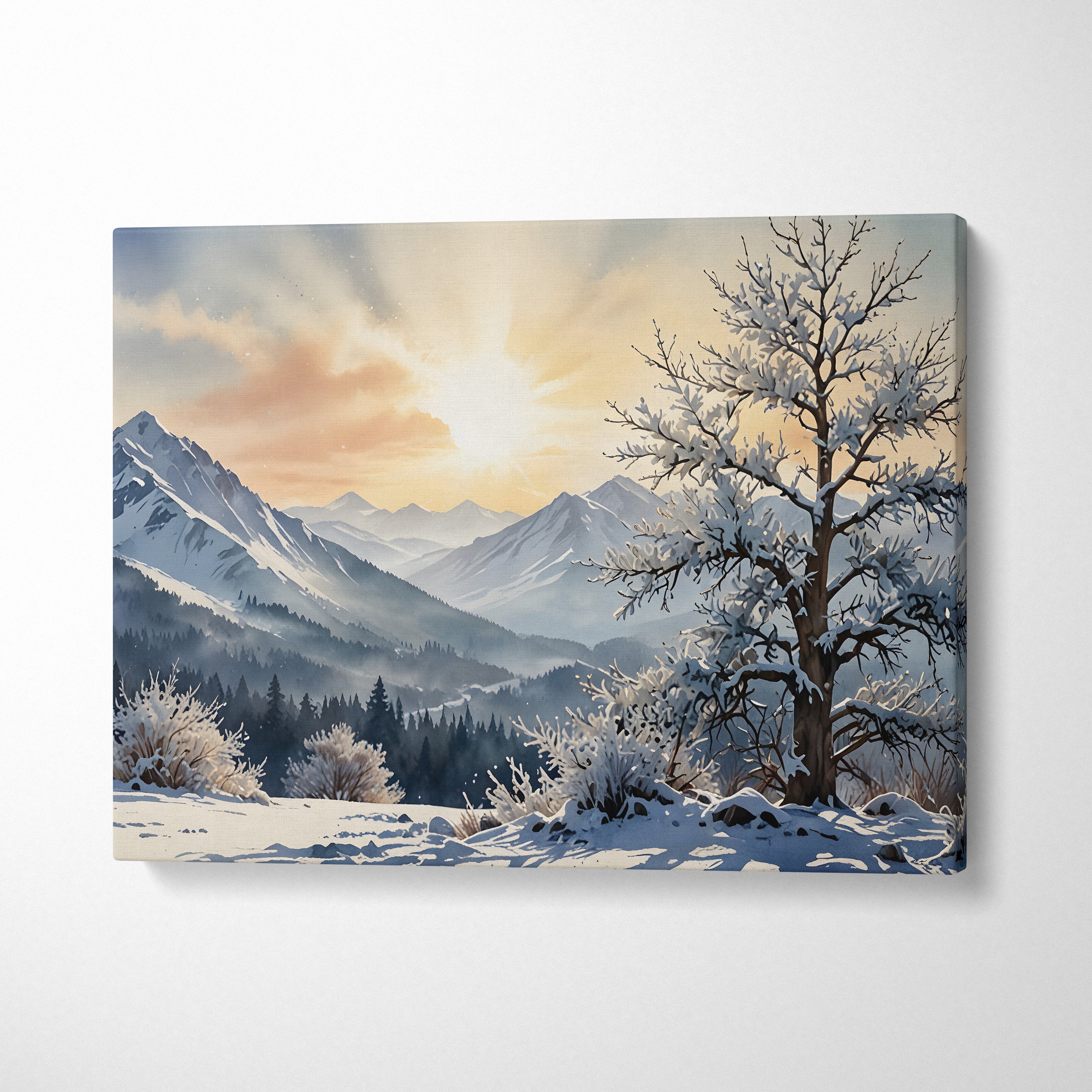 Canvas wall art of a serene watercolor snow landscape with frosted trees and distant mountains at sunrise.