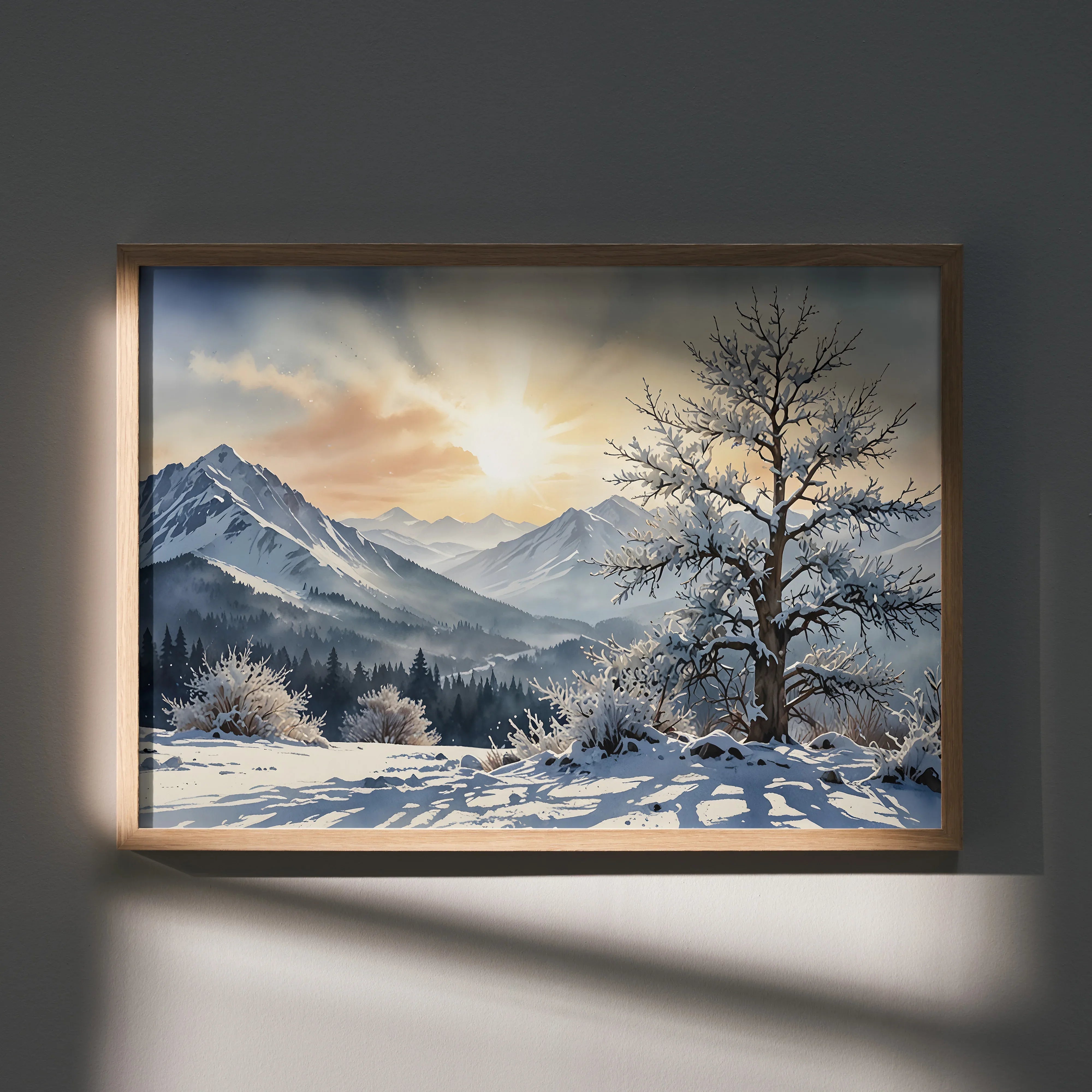 Watercolor poster of snowy mountain landscape at sunset with tree in foreground wall art.