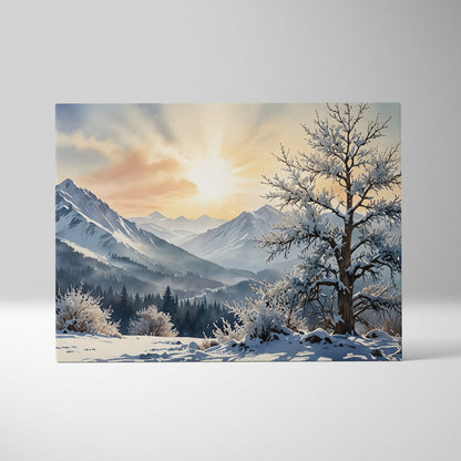 Canvas wall art featuring a serene watercolor snow landscape with mountains and a frosted tree at sunrise.