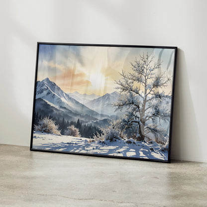 Watercolor poster of snowy mountains at sunset with bare tree foreground wall art.